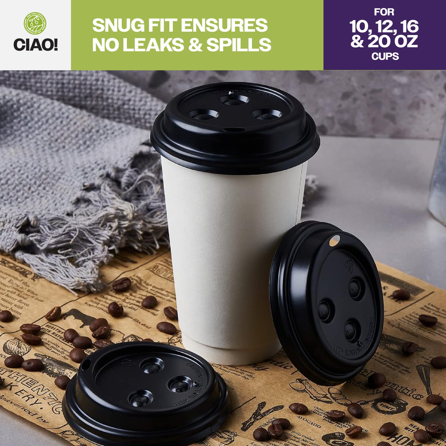 CIAO! 90mm Diameter Polystyrene Black Lid, Designed and Fit for CIAO! BRAND10, 12, 16 and 20 oz Paper Cup - 1,000 Count