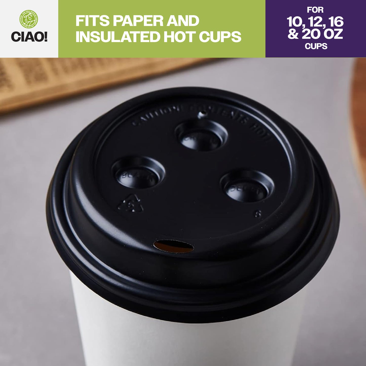 CIAO! 90mm Diameter Polystyrene Black Lid, Designed and Fit for CIAO! BRAND10, 12, 16 and 20 oz Paper Cup - 1,000 Count