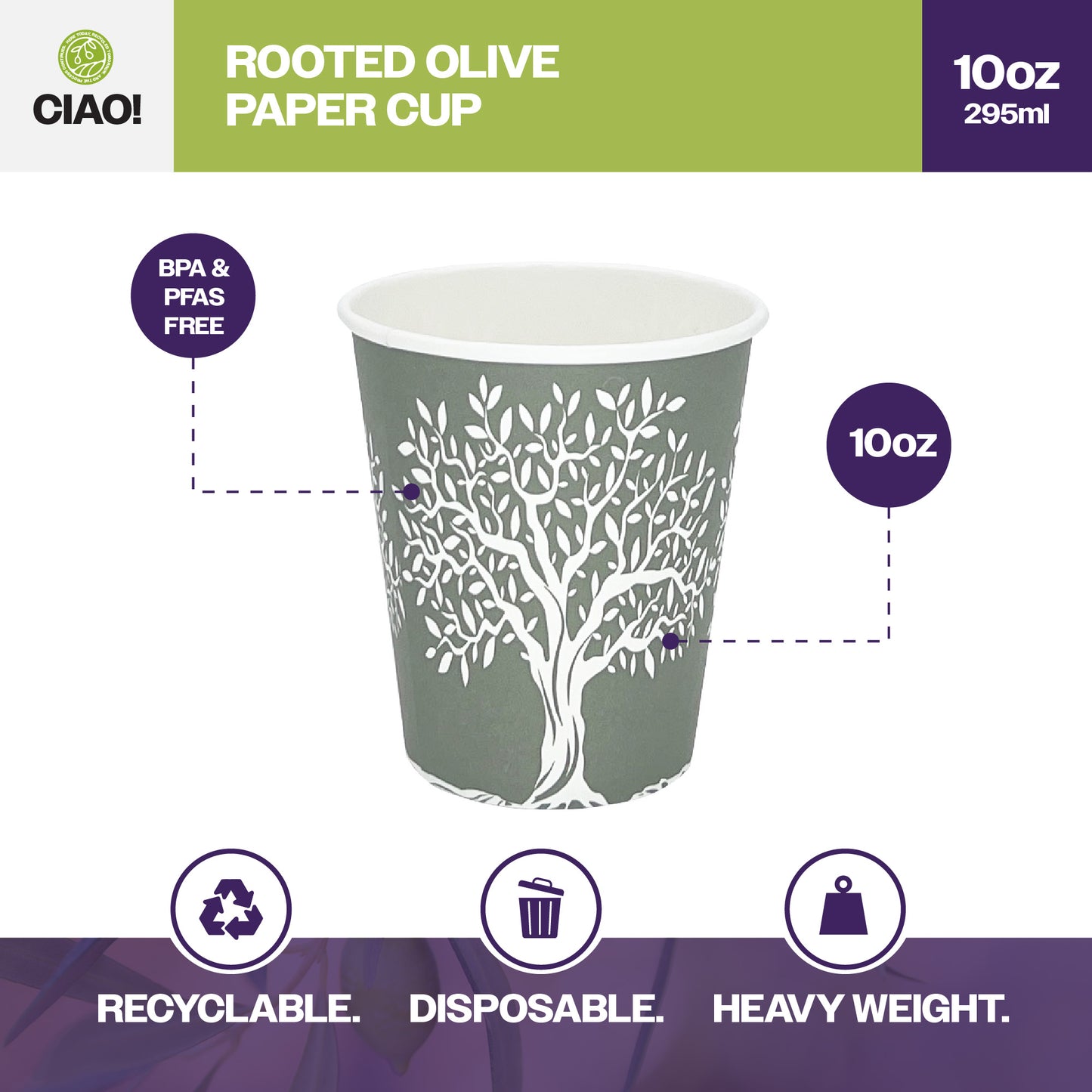 CIAO! 10 oz Hot Paper Cups – Rooted Olive Print (Case of 1,000)