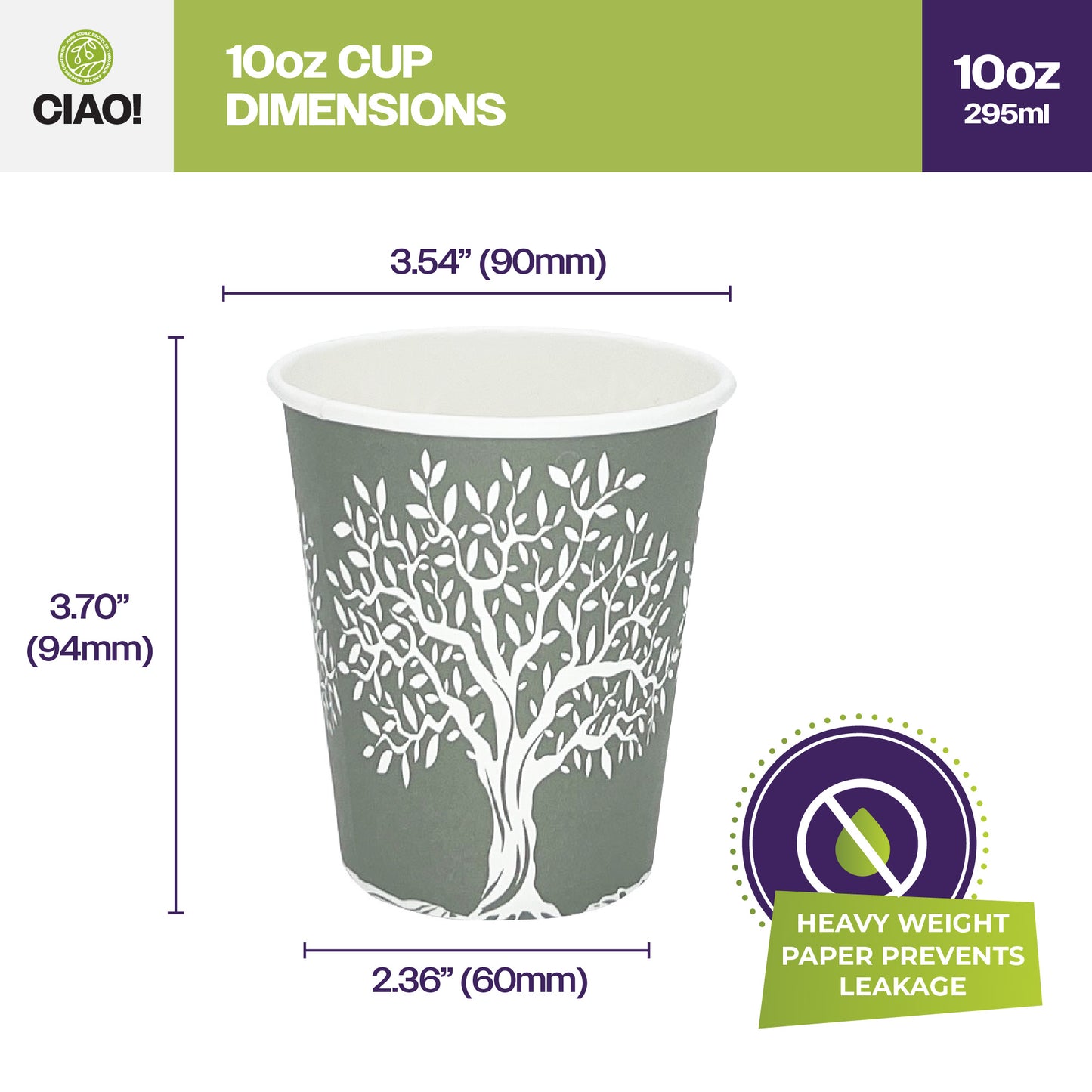 CIAO! 10 oz Hot Paper Cups – Rooted Olive Print (Case of 1,000)