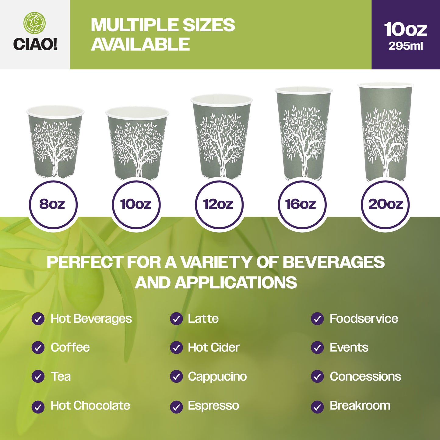 CIAO! 10 oz Hot Paper Cups – Rooted Olive Print (Case of 1,000)