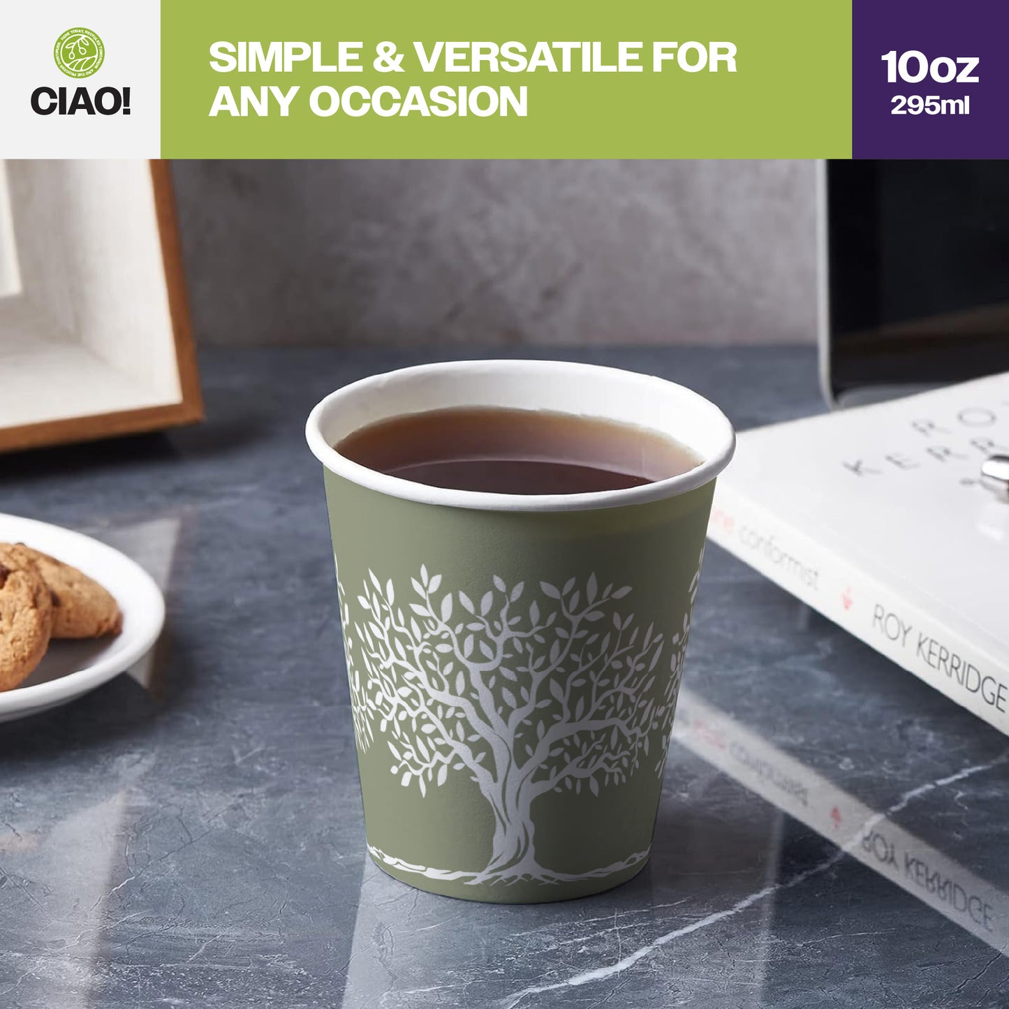 CIAO! 10 oz Hot Paper Cups – Rooted Olive Print (Case of 1,000)