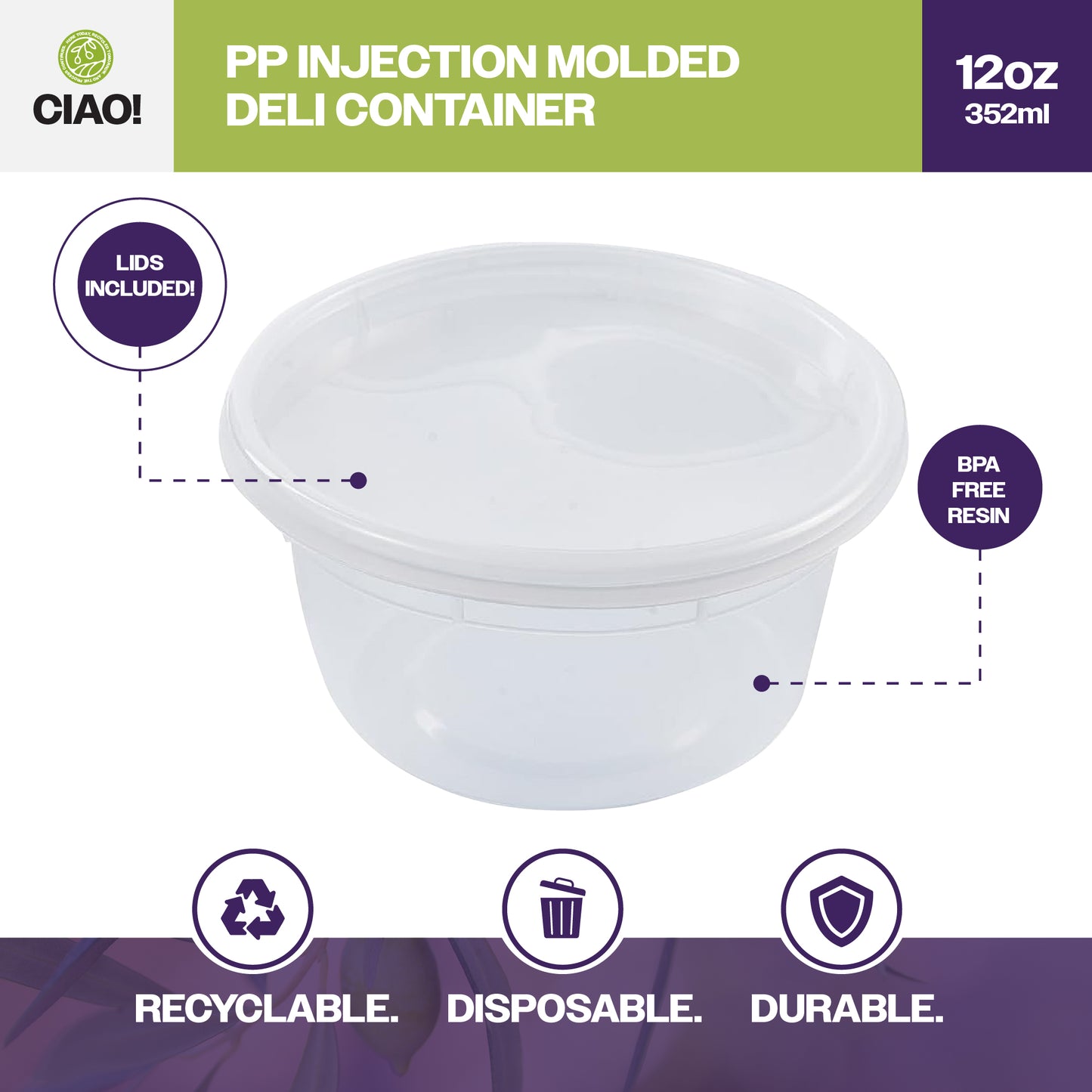 CIAO! 12OZ Injection Molded Soup-Deli Container with Lid, (240/240 combo pack)