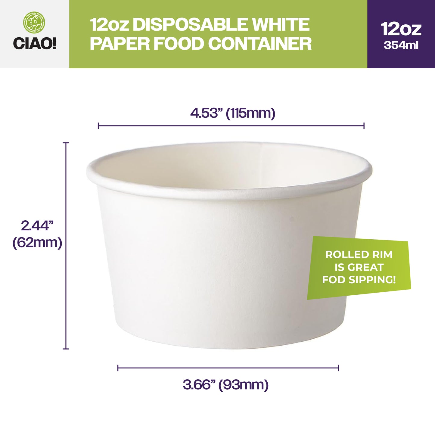 CIAO! 12OZ Disposable White Paper Food Container (500/case)