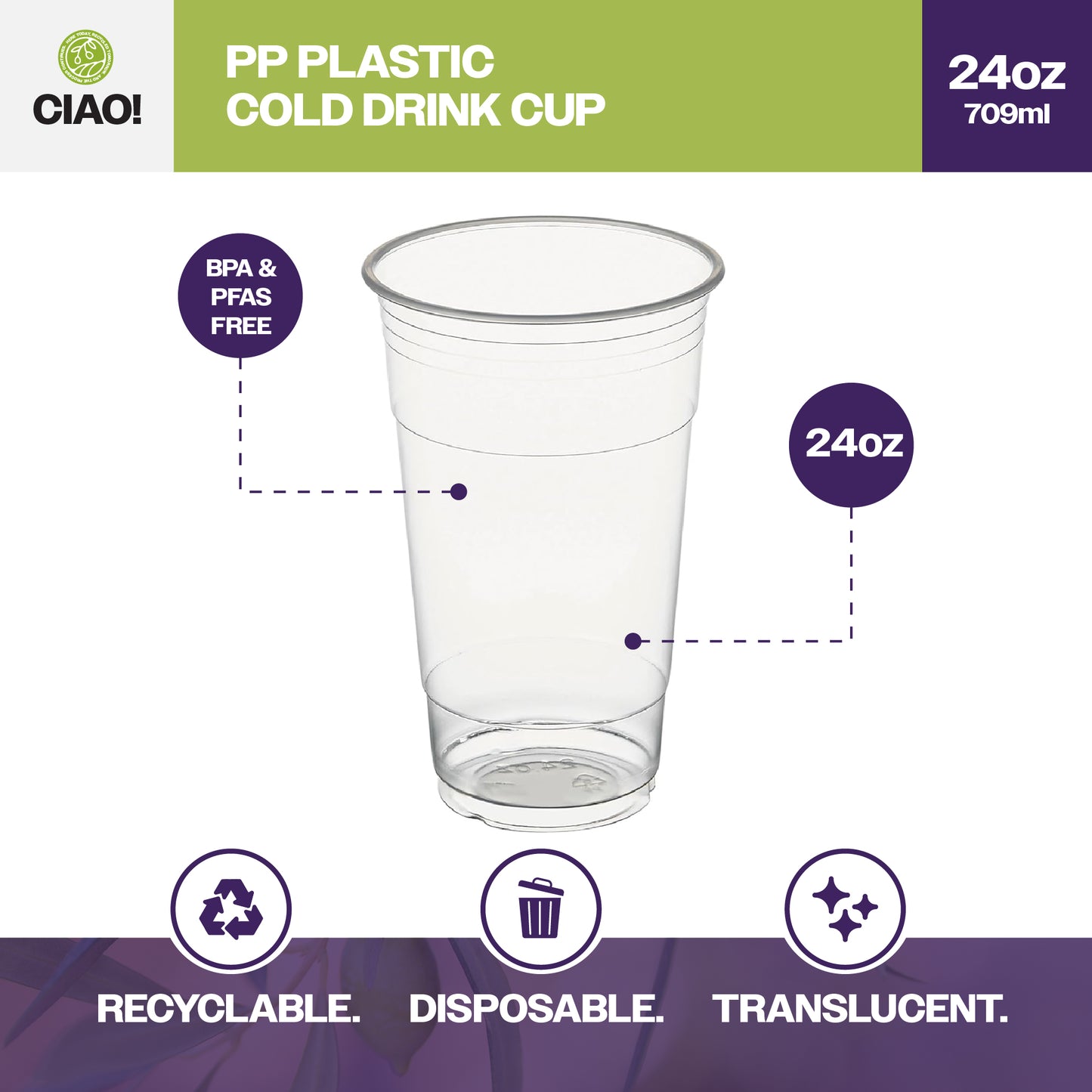 CIAO! 24OZ PP Plastic Cold Drink Cup, Great for Smoothies, Iced Coffee, Boba and Cold Drinks, 98mm (Case of 600)