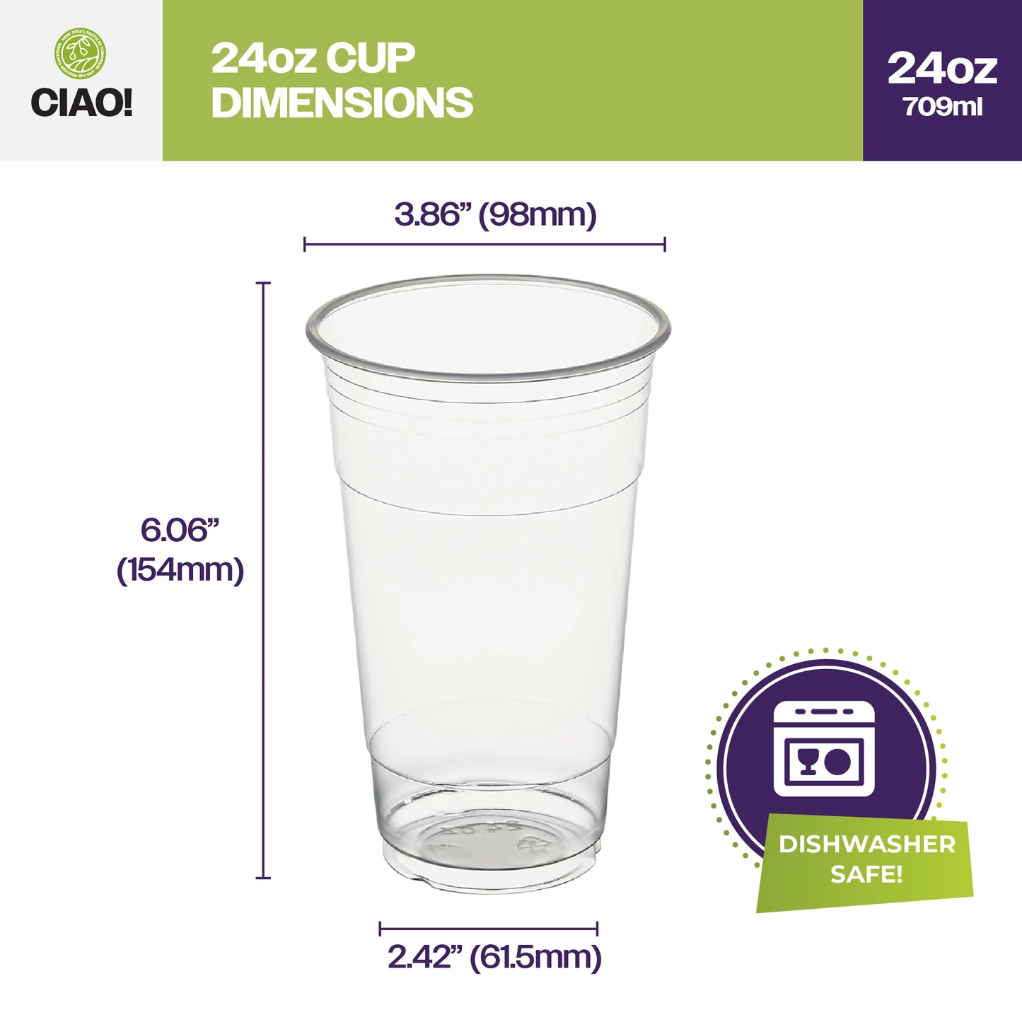 CIAO! 24OZ PP Plastic Cold Drink Cup, Great for Smoothies, Iced Coffee, Boba and Cold Drinks, 98mm (Case of 600)