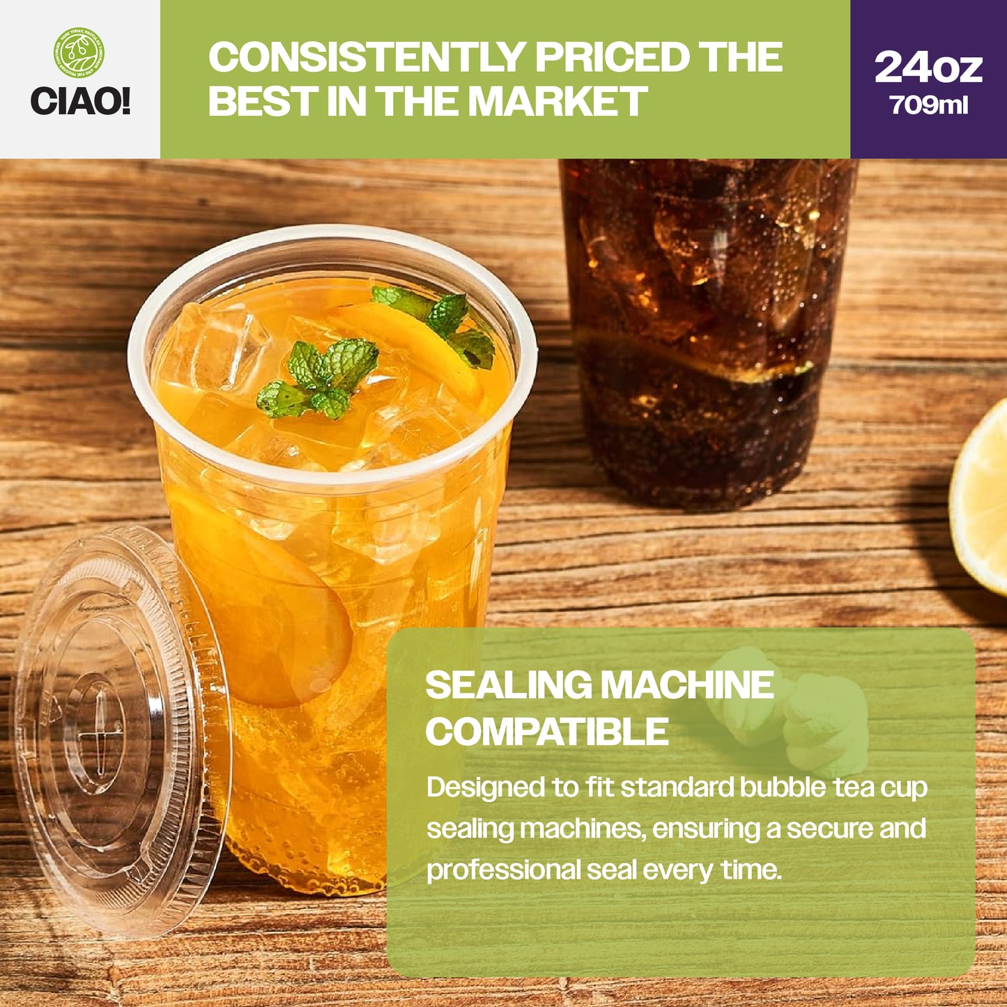 CIAO! 24OZ PP Plastic Cold Drink Cup, Great for Smoothies, Iced Coffee, Boba and Cold Drinks, 98mm (Case of 600)