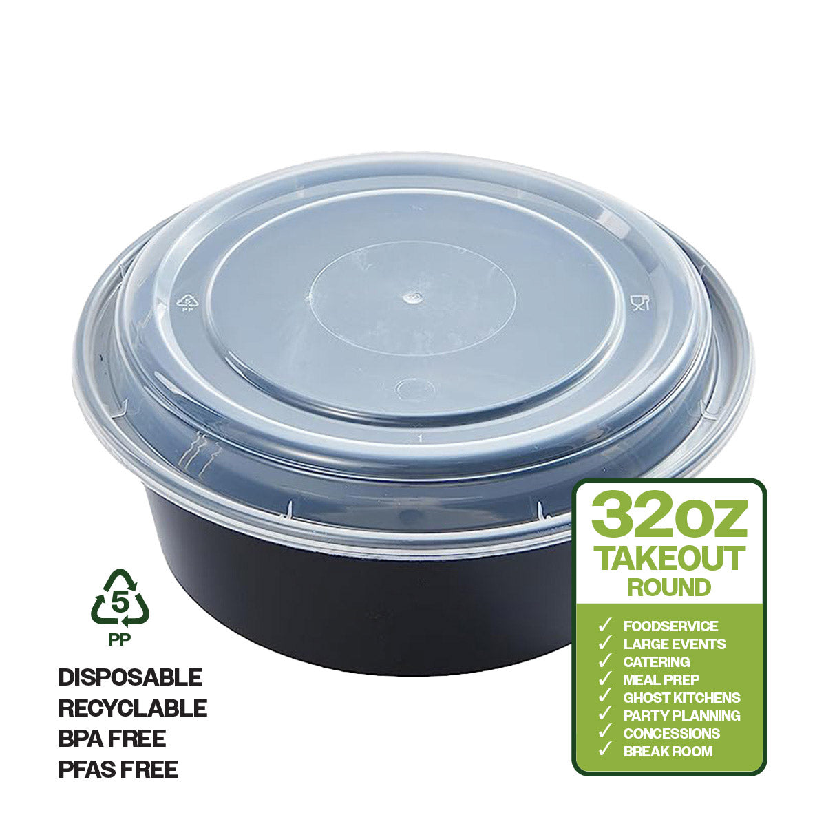 24oz Black Disposable Plastic Round Microwavable Food Container