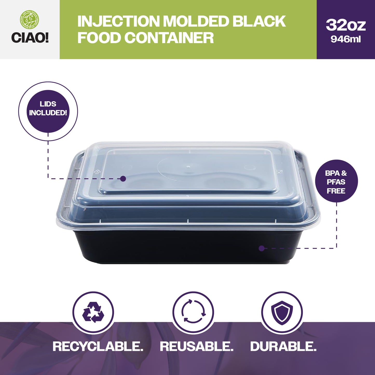 CIAO! 32oz Injection Molded Microwavable Black Rectangular Food Container with Lid (150/case)