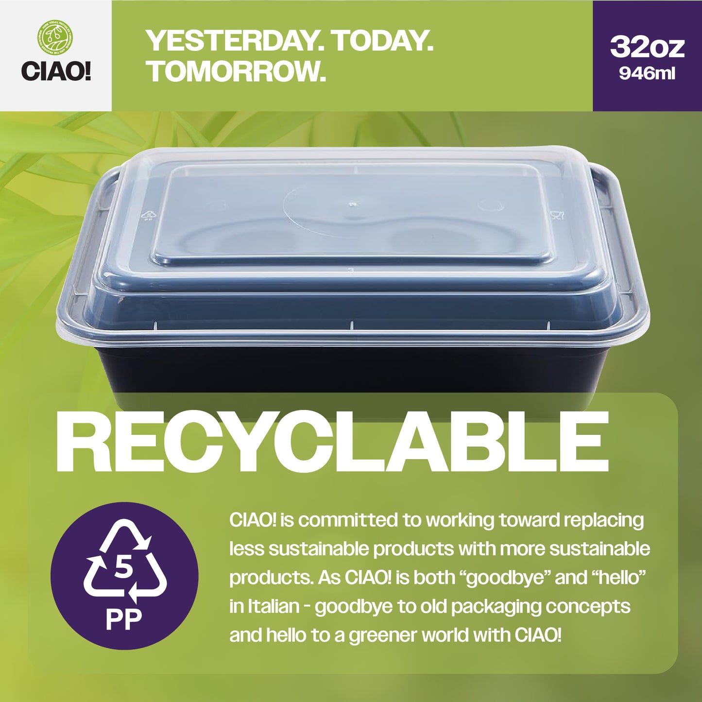 CIAO! 32oz Injection Molded Microwavable Black Rectangular Food Container with Lid (150/case)