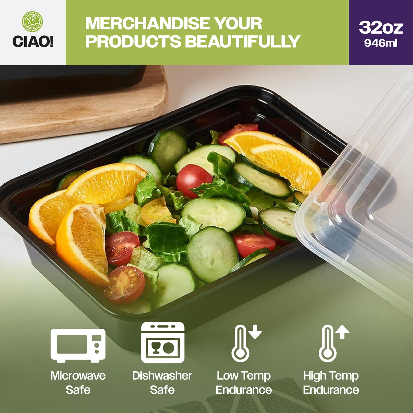CIAO! 32oz Injection Molded Microwavable Black Rectangular Food Container with Lid (150/case)