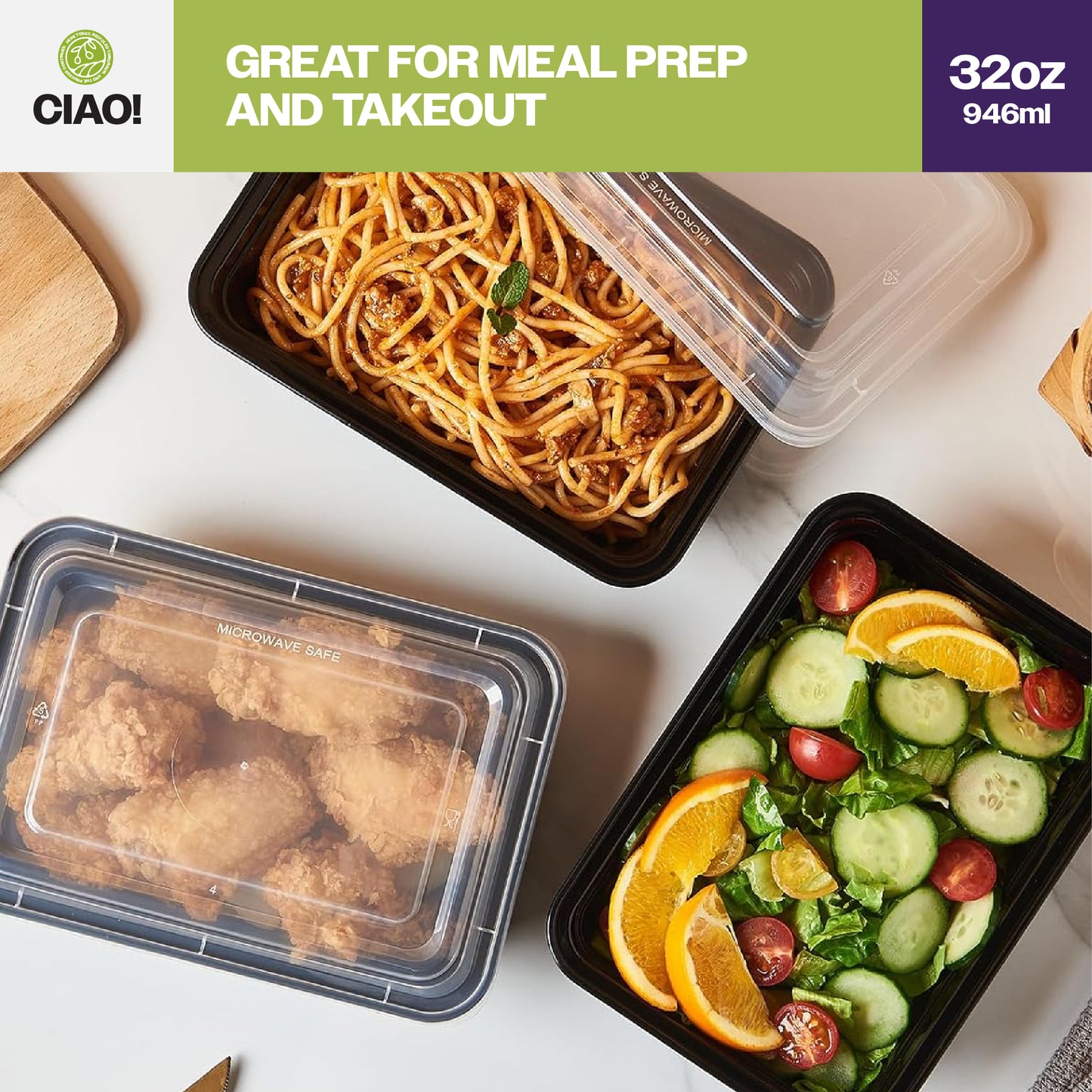 CIAO! 32oz Injection Molded Microwavable Black Rectangular Food Container with Lid (150/case)