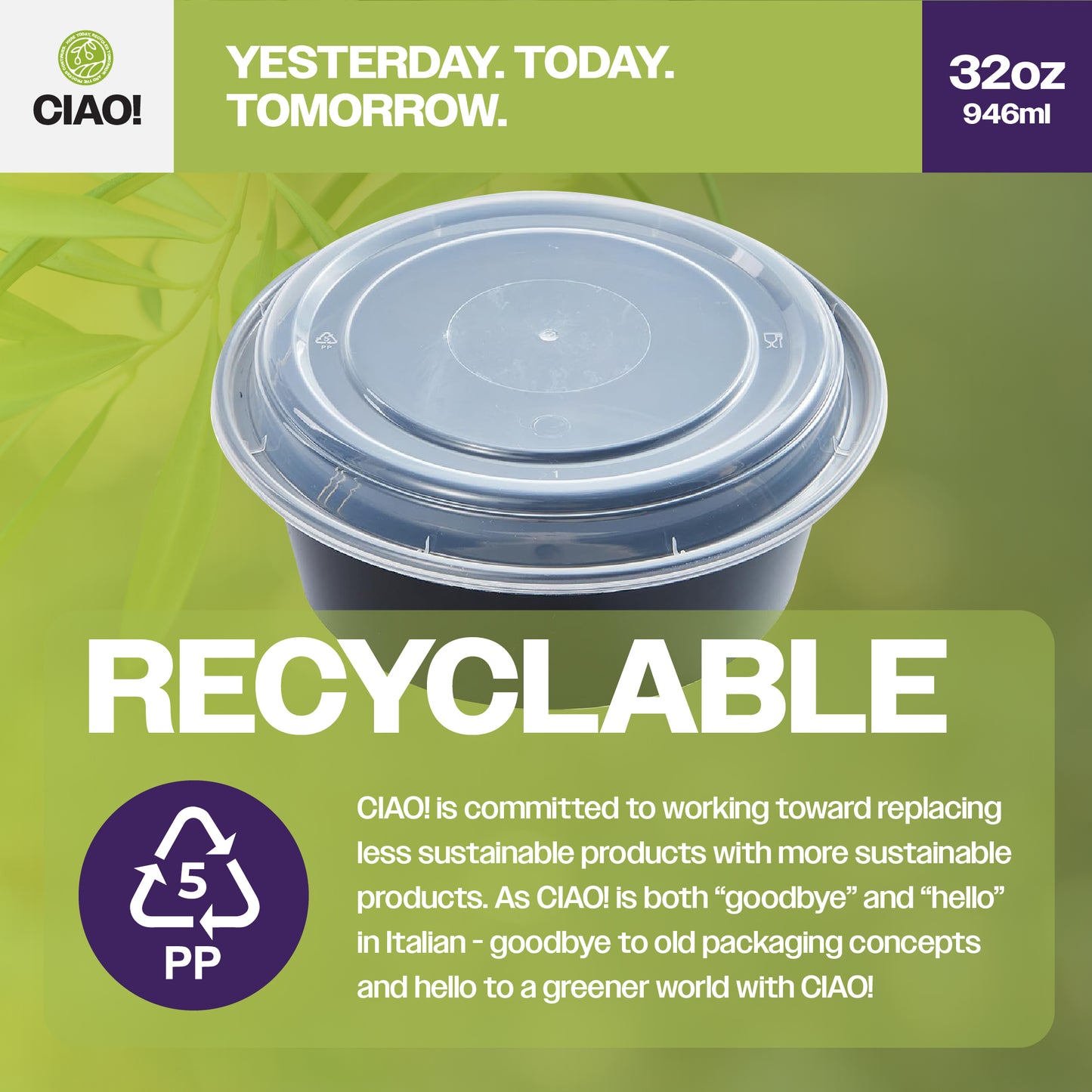 CIAO! 32oz Injection Molded Microwavable Black Round Food Container with Lid (150/case)