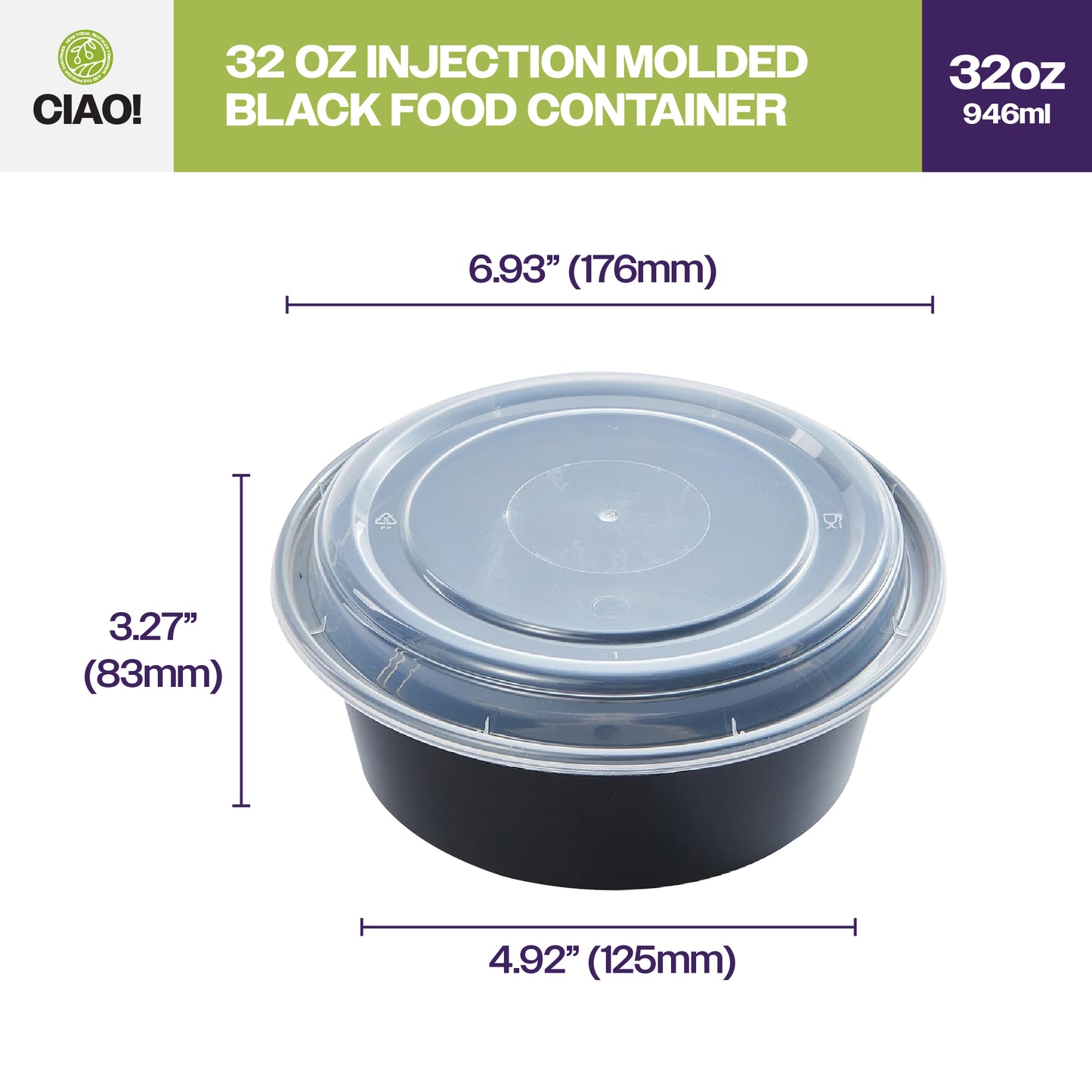 CIAO! 32oz Injection Molded Microwavable Black Round Food Container with Lid (150/case)