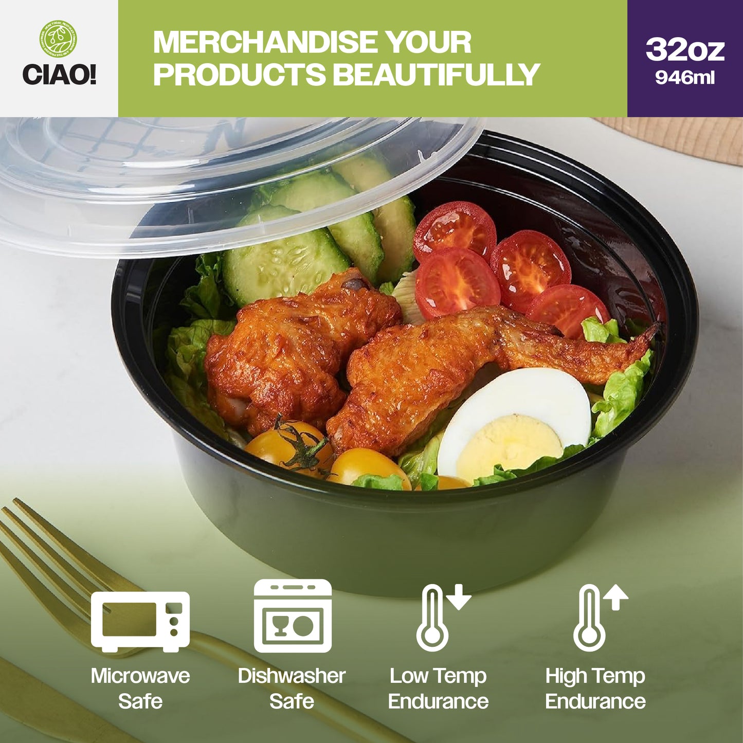 CIAO! 32oz Injection Molded Microwavable Black Round Food Container with Lid (150/case)