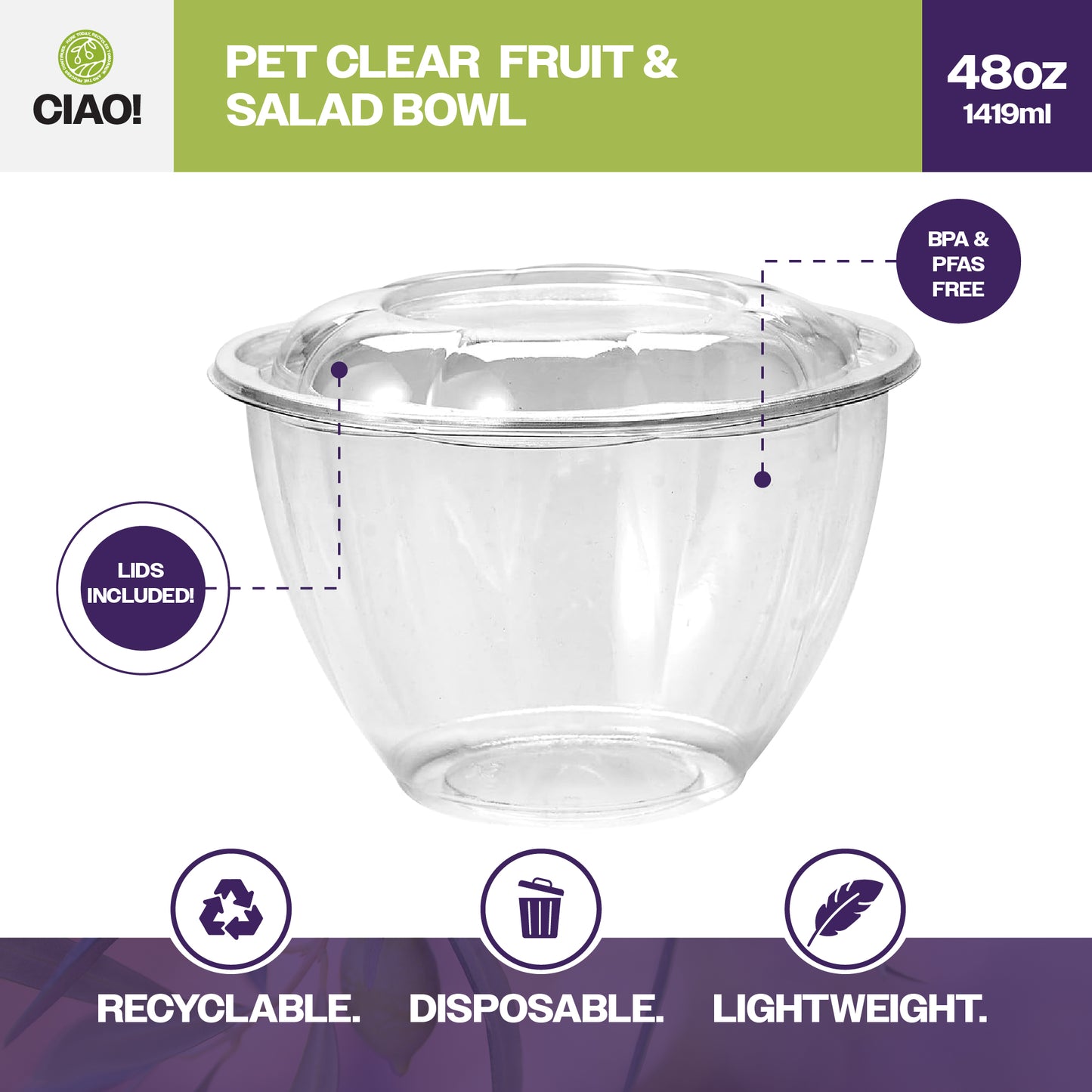 CIAO! 48 oz Clear PET Fruit and Salad Bowl with Rose Dome Lid (150/case)