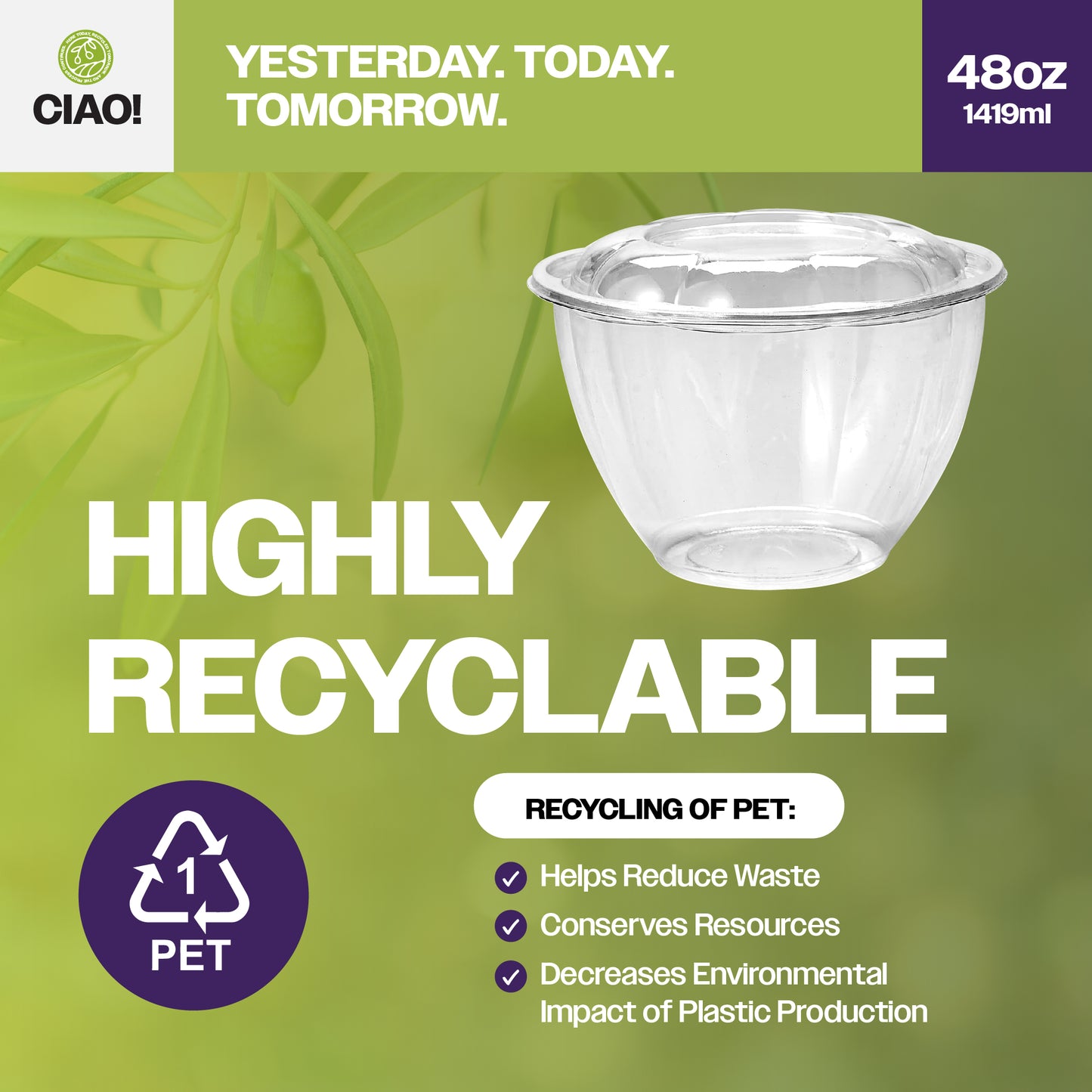 CIAO! 48 oz Clear PET Fruit and Salad Bowl with Rose Dome Lid (150/case)