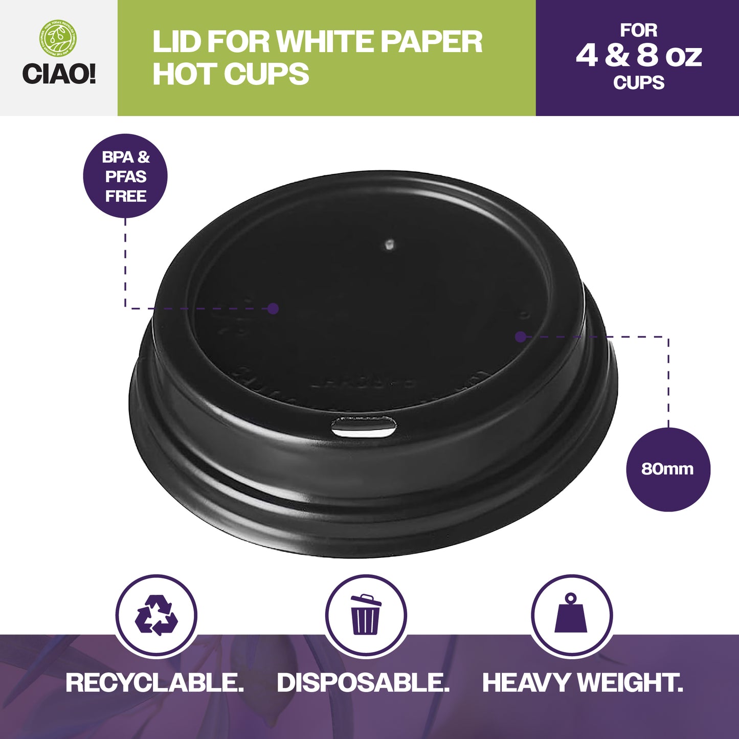 CIAO! 80mm Diameter Polystyrene Black Lid, Designed and Fit for CIAO! BRAND 8 oz Paper Cup ONLY - 1,000 Count