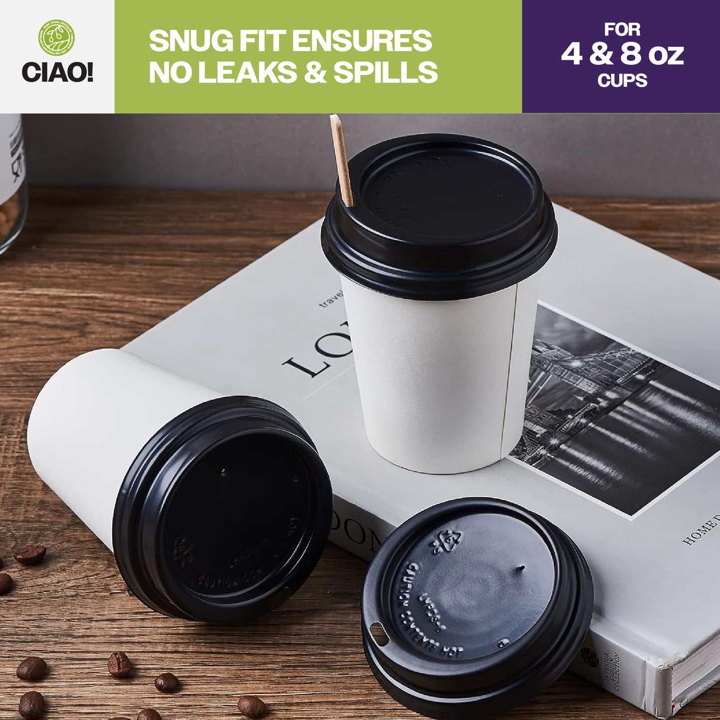 CIAO! 80mm Diameter Polystyrene Black Lid, Designed and Fit for CIAO! BRAND 8 oz Paper Cup ONLY - 1,000 Count