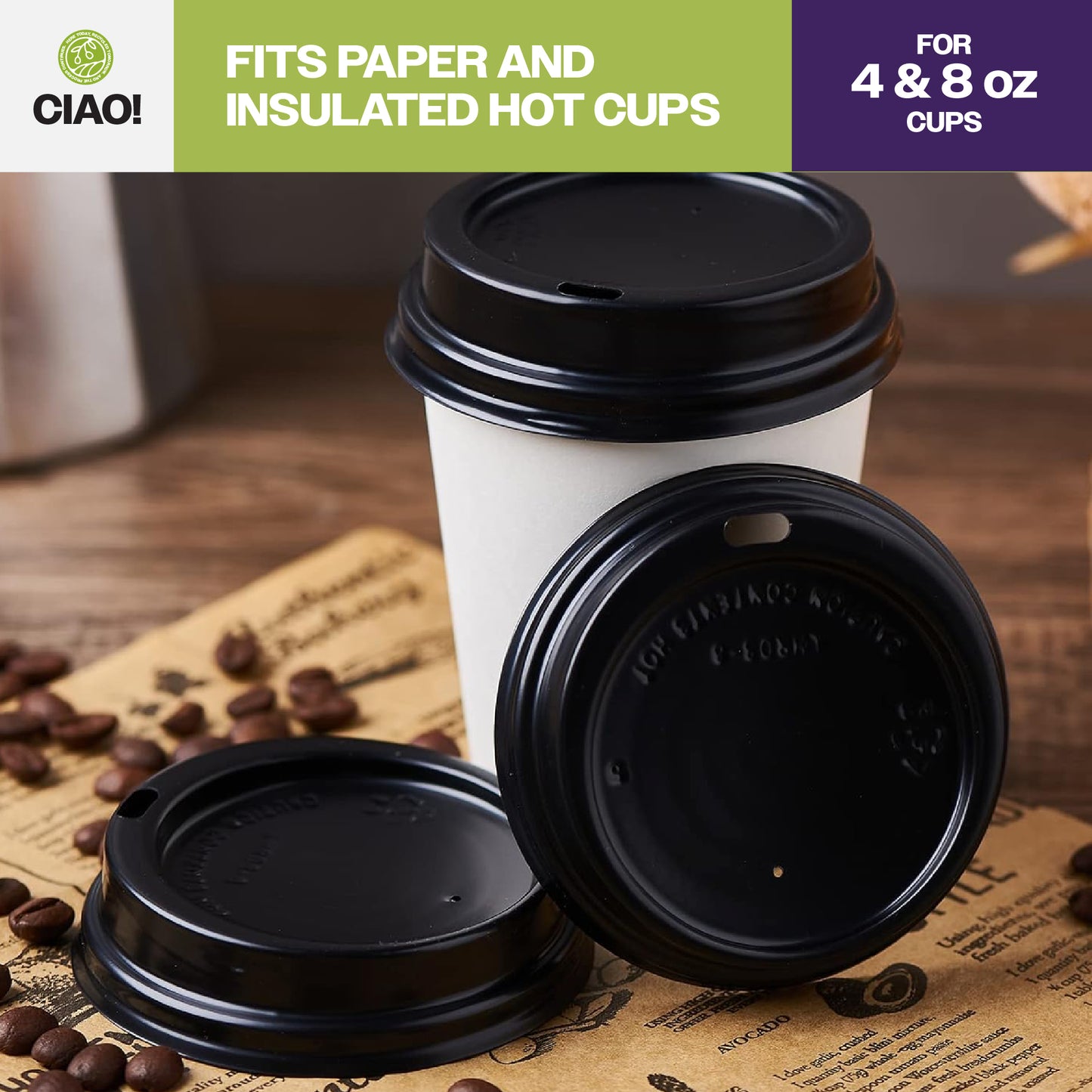 CIAO! 80mm Diameter Polystyrene Black Lid, Designed and Fit for CIAO! BRAND 8 oz Paper Cup ONLY - 1,000 Count