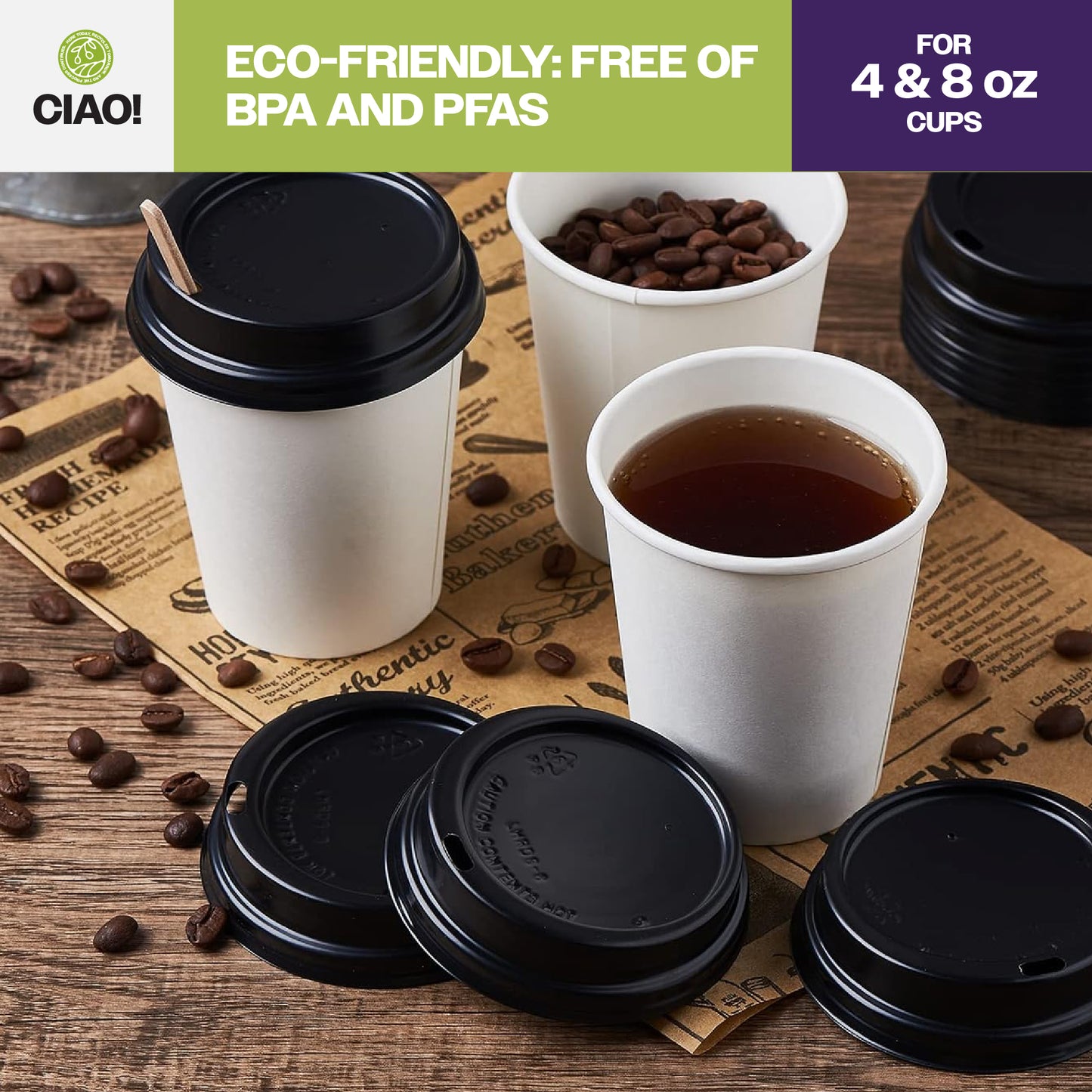 CIAO! 80mm Diameter Polystyrene Black Lid, Designed and Fit for CIAO! BRAND 8 oz Paper Cup ONLY - 1,000 Count