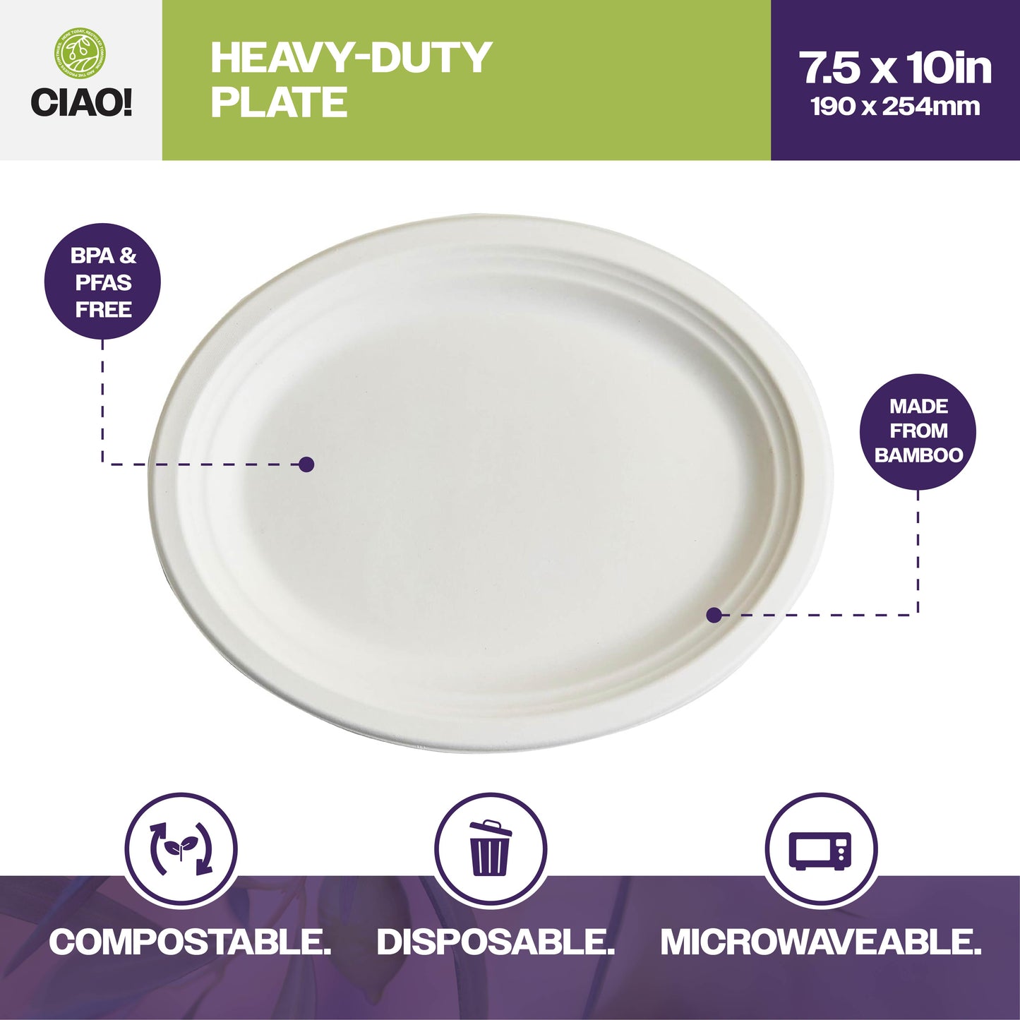 CIAO! 7.5"X10" Heavy Duty Oval Plate 100% Compostable PFAS Free made with Unbleached Bagasse Natural White (Pack of 500)