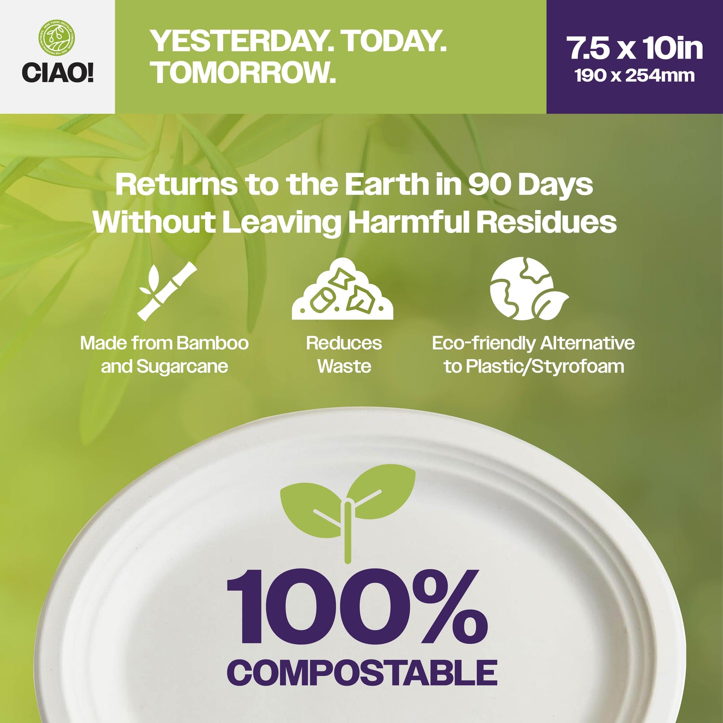CIAO! 7.5"X10" Heavy Duty Oval Plate 100% Compostable PFAS Free made with Unbleached Bagasse Natural White (Pack of 500)