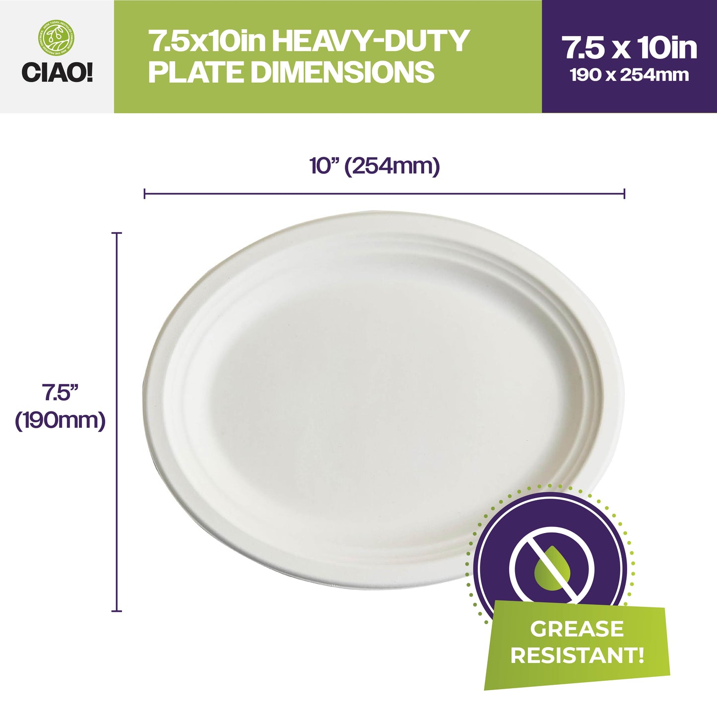 CIAO! 7.5"X10" Heavy Duty Oval Plate 100% Compostable PFAS Free made with Unbleached Bagasse Natural White (Pack of 500)