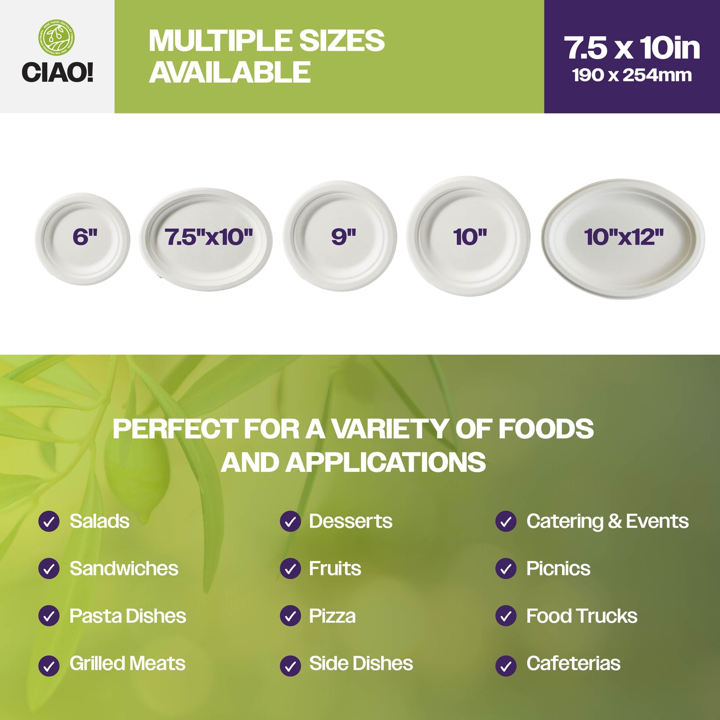 CIAO! 7.5"X10" Heavy Duty Oval Plate 100% Compostable PFAS Free made with Unbleached Bagasse Natural White (Pack of 500)