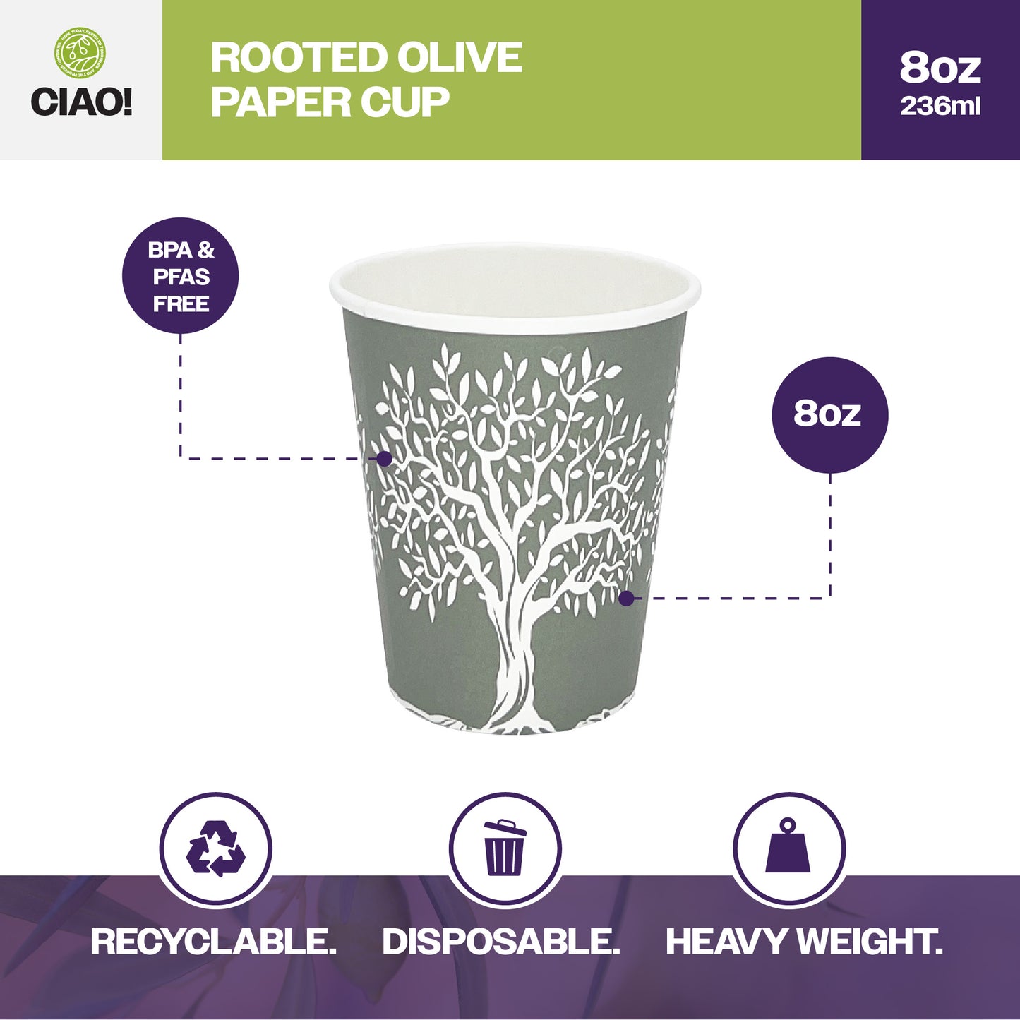 CIAO! 8 oz Hot Paper Cups – Rooted Olive Print (Case of 1,000)