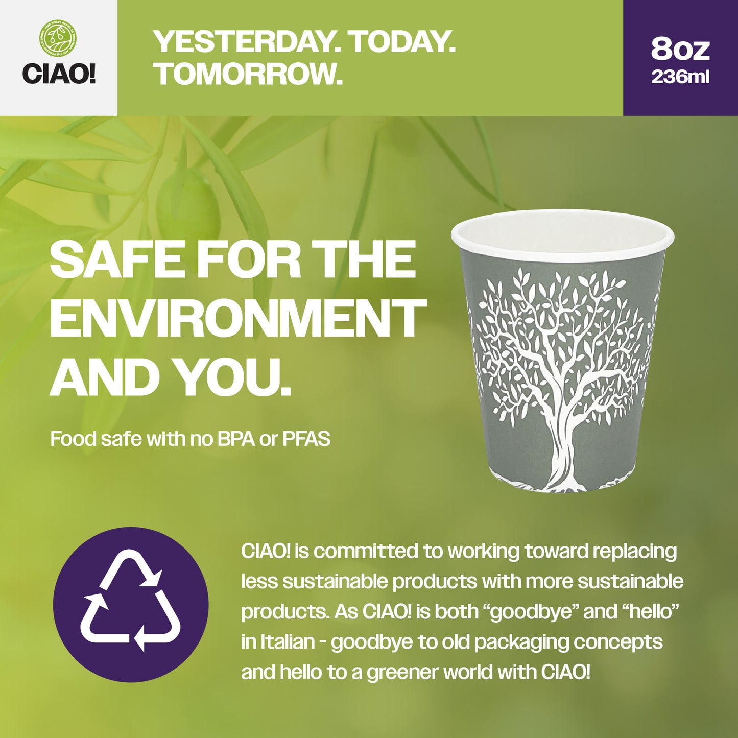 CIAO! 8 oz Hot Paper Cups – Rooted Olive Print (Case of 1,000)