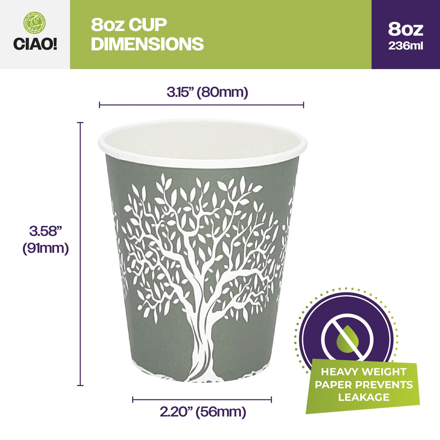 CIAO! 8 oz Hot Paper Cups – Rooted Olive Print (Case of 1,000)