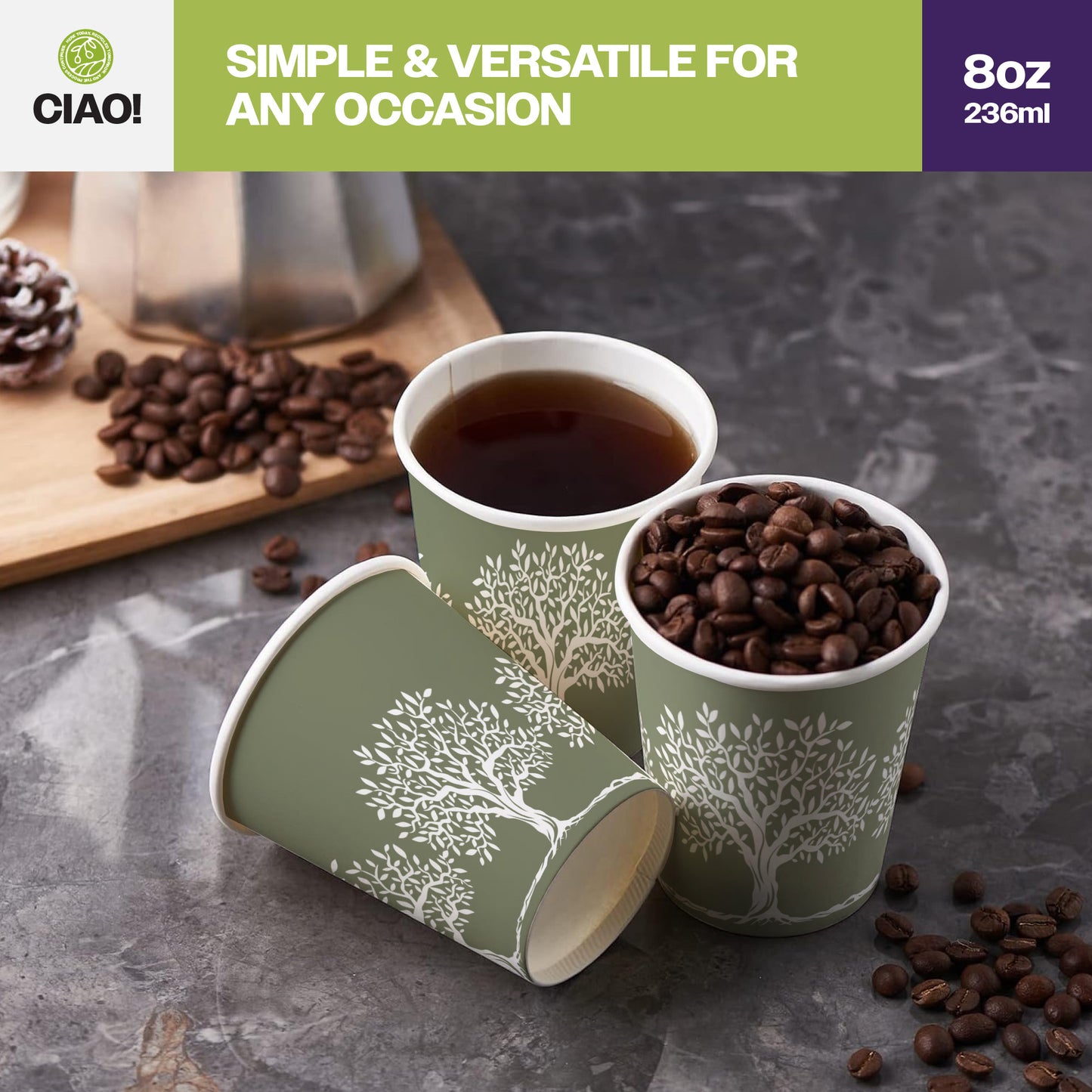 CIAO! 8 oz Hot Paper Cups – Rooted Olive Print (Case of 1,000)