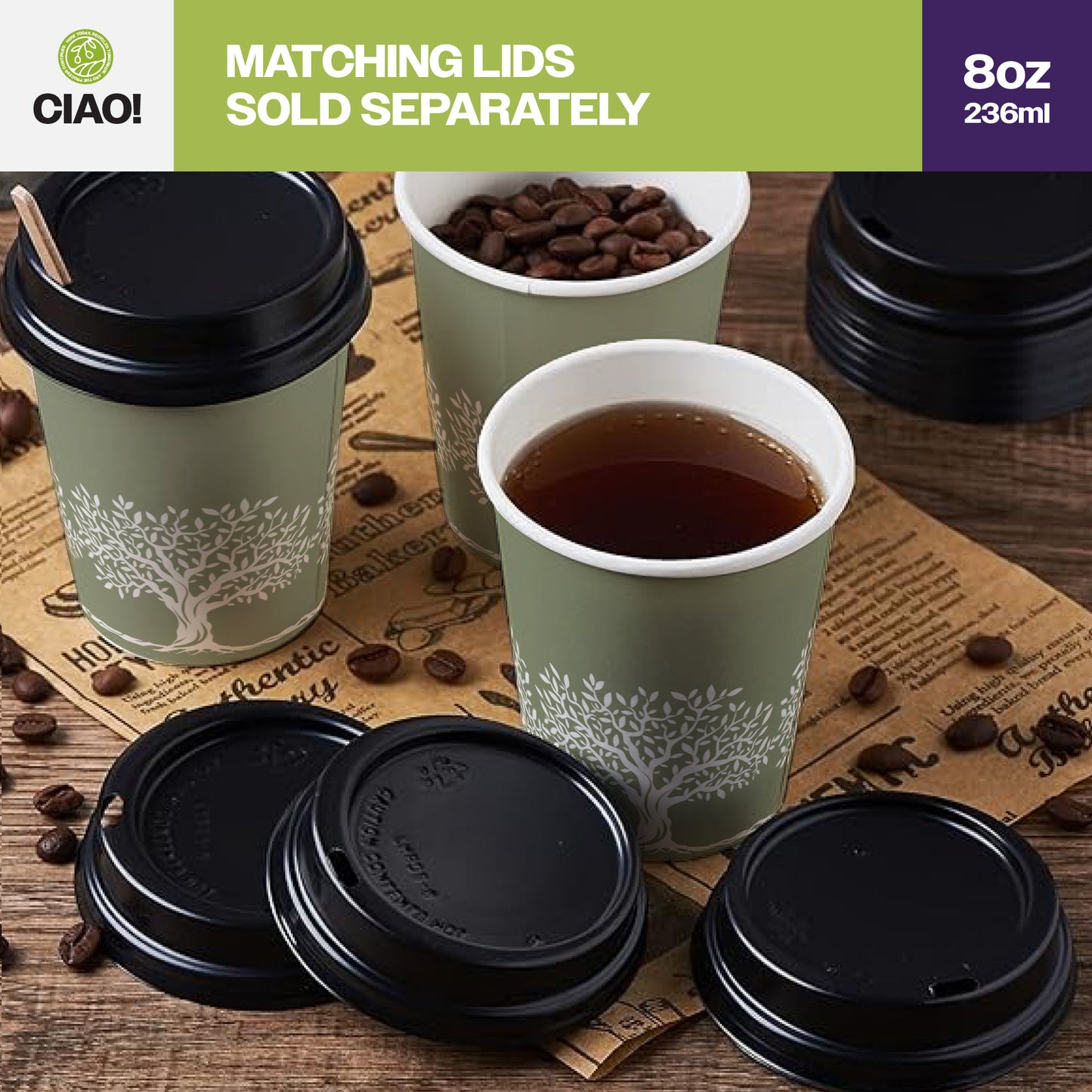 CIAO! 8 oz Hot Paper Cups – Rooted Olive Print (Case of 1,000)