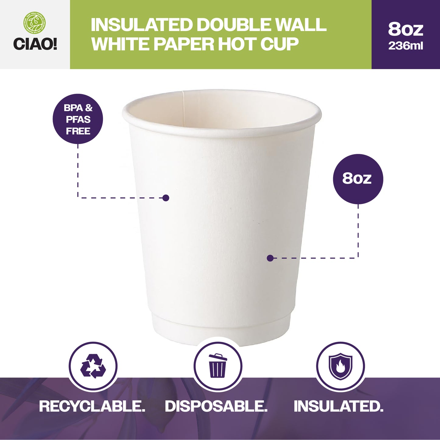 CIAO! 8 oz Insulated Double Wall Paper Hot Cup, White, 500 Count