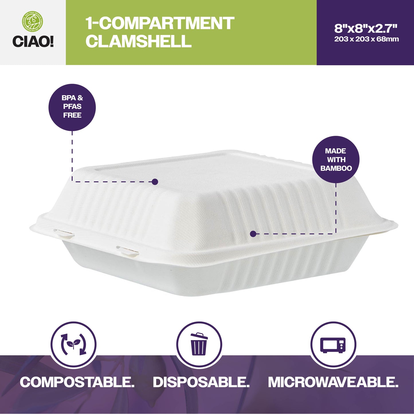 CIAO! 8"x8"x3" Clamshell 1 Compartment 100% Compostable Ecofriendly PFAS Free Unbleached Bagasse Natural White (200/case) …