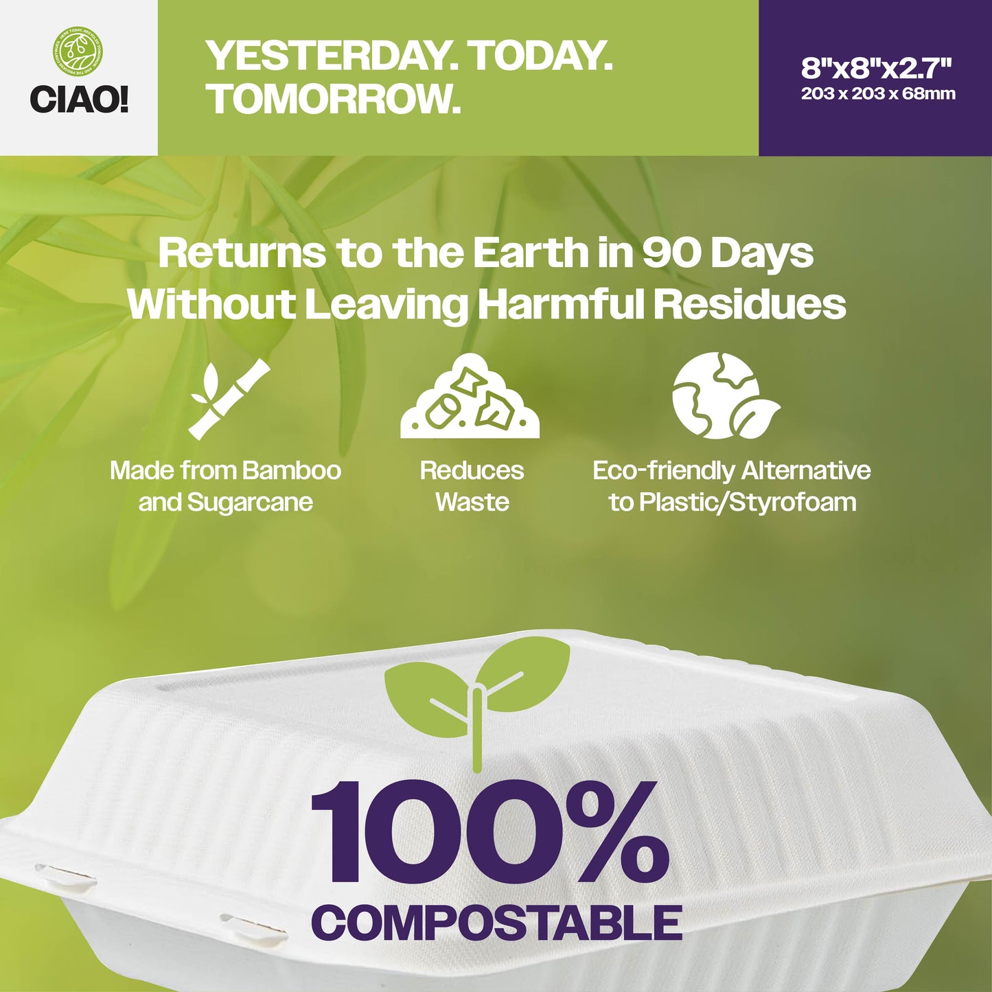 CIAO! 8"x8"x3" Clamshell 1 Compartment 100% Compostable Ecofriendly PFAS Free Unbleached Bagasse Natural White (200/case) …