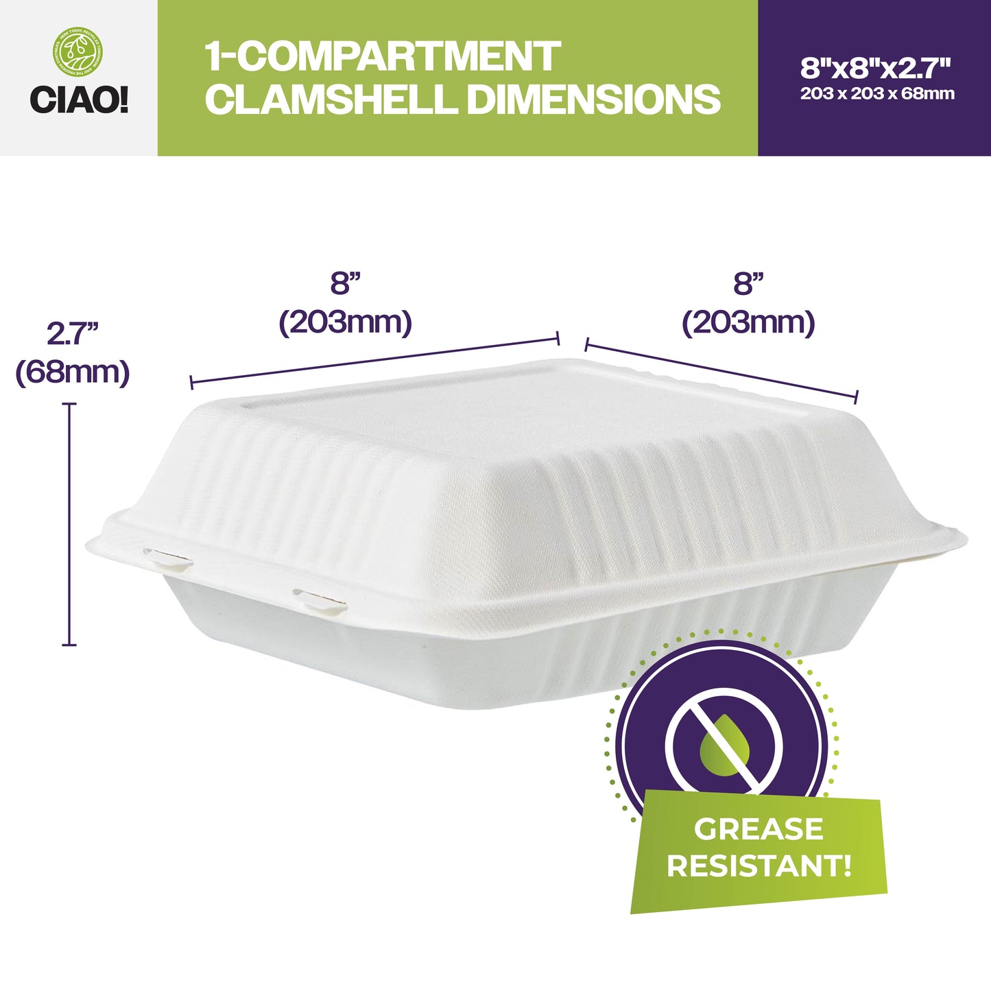 CIAO! 8"x8"x3" Clamshell 1 Compartment 100% Compostable Ecofriendly PFAS Free Unbleached Bagasse Natural White (200/case) …