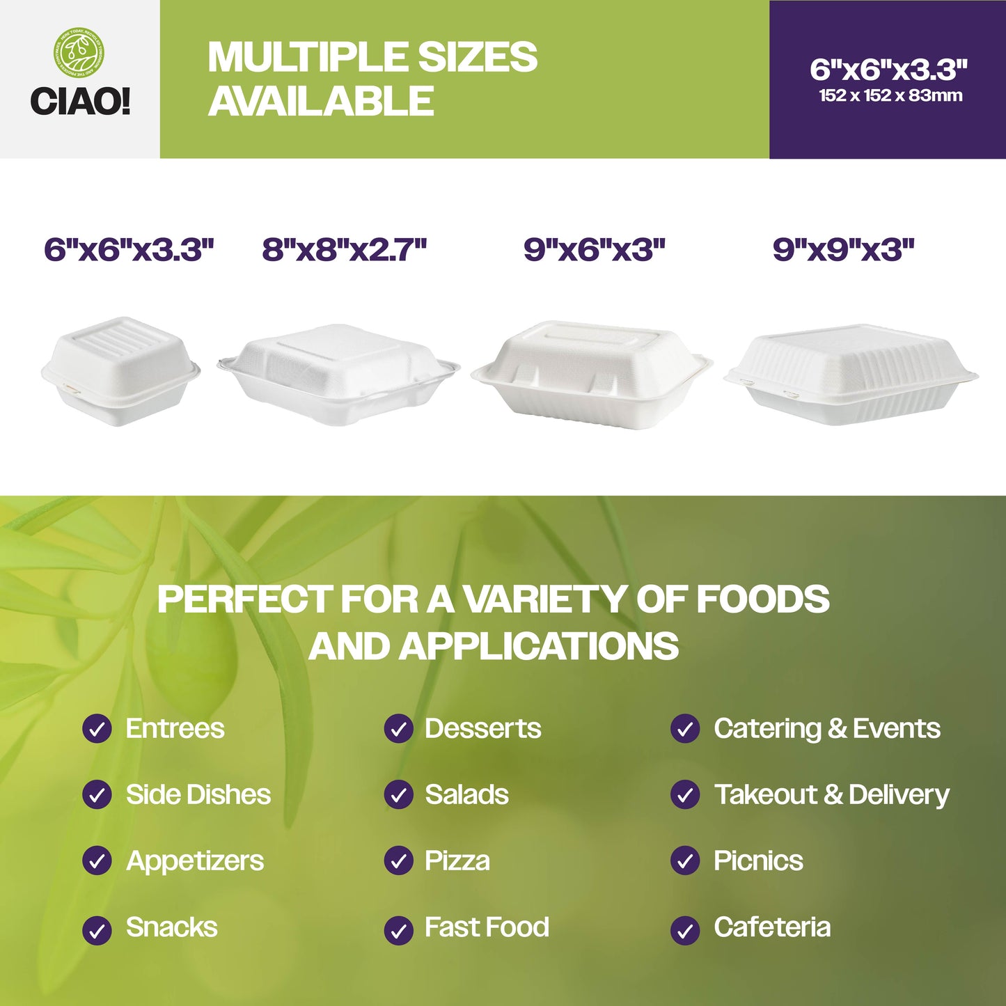 CIAO! 8"x8"x3" Clamshell 1 Compartment 100% Compostable Ecofriendly PFAS Free Unbleached Bagasse Natural White (200/case) …