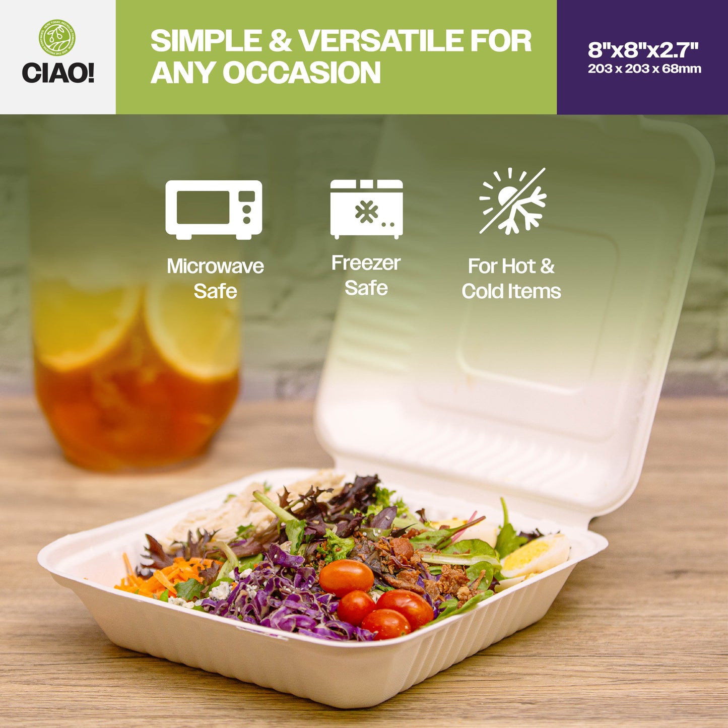 CIAO! 8"x8"x3" Clamshell 1 Compartment 100% Compostable Ecofriendly PFAS Free Unbleached Bagasse Natural White (200/case) …