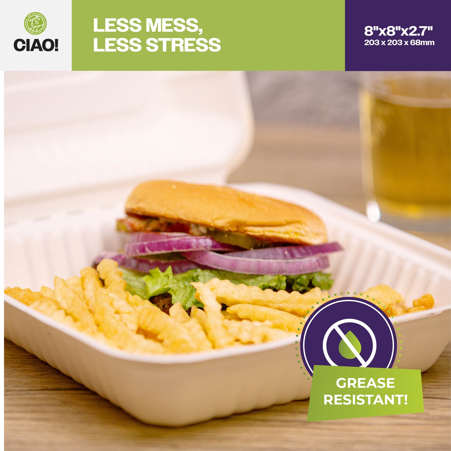 CIAO! 8"x8"x3" Clamshell 1 Compartment 100% Compostable Ecofriendly PFAS Free Unbleached Bagasse Natural White (200/case) …