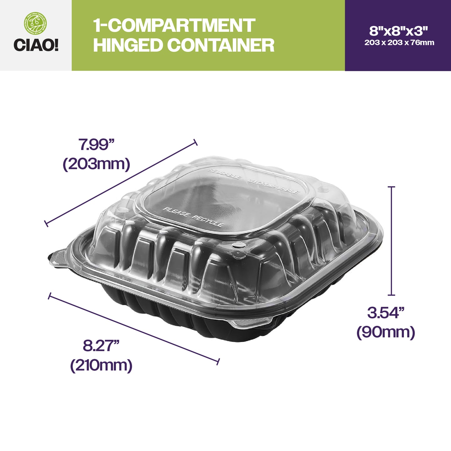 CIAO! 8"x8"x3" Polypropylene Black bottom with Clear Lid Hinged Container 1 Compartment Take Out Container, Microwavable, Recyclable and Reusable, (Case of 150)