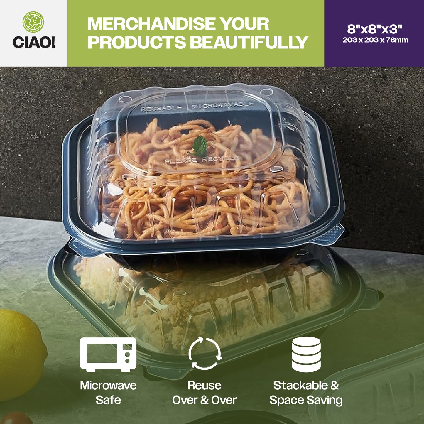 CIAO! 8"x8"x3" Polypropylene Black bottom with Clear Lid Hinged Container 1 Compartment Take Out Container, Microwavable, Recyclable and Reusable, (Case of 150)
