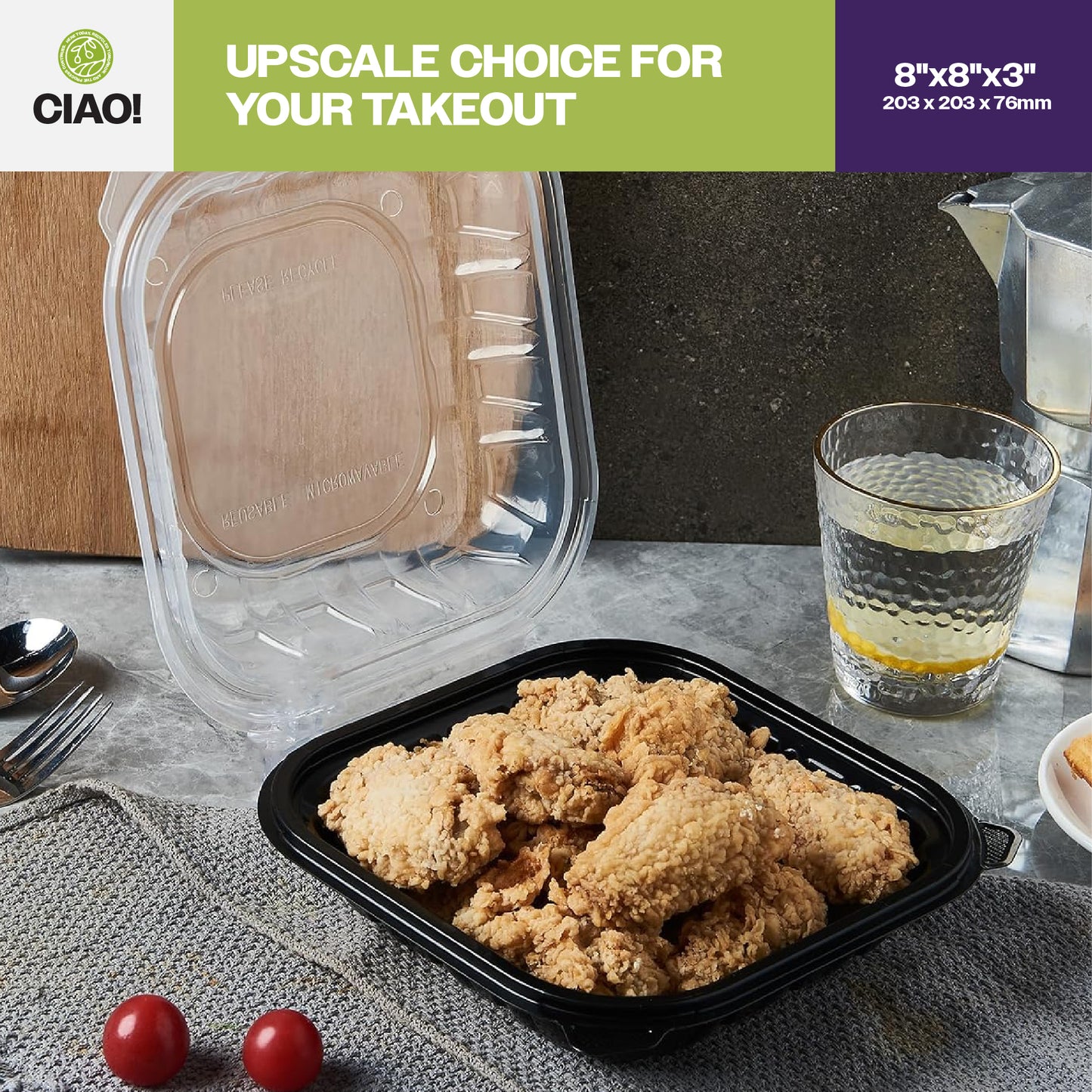 CIAO! 8"x8"x3" Polypropylene Black bottom with Clear Lid Hinged Container 1 Compartment Take Out Container, Microwavable, Recyclable and Reusable, (Case of 150)