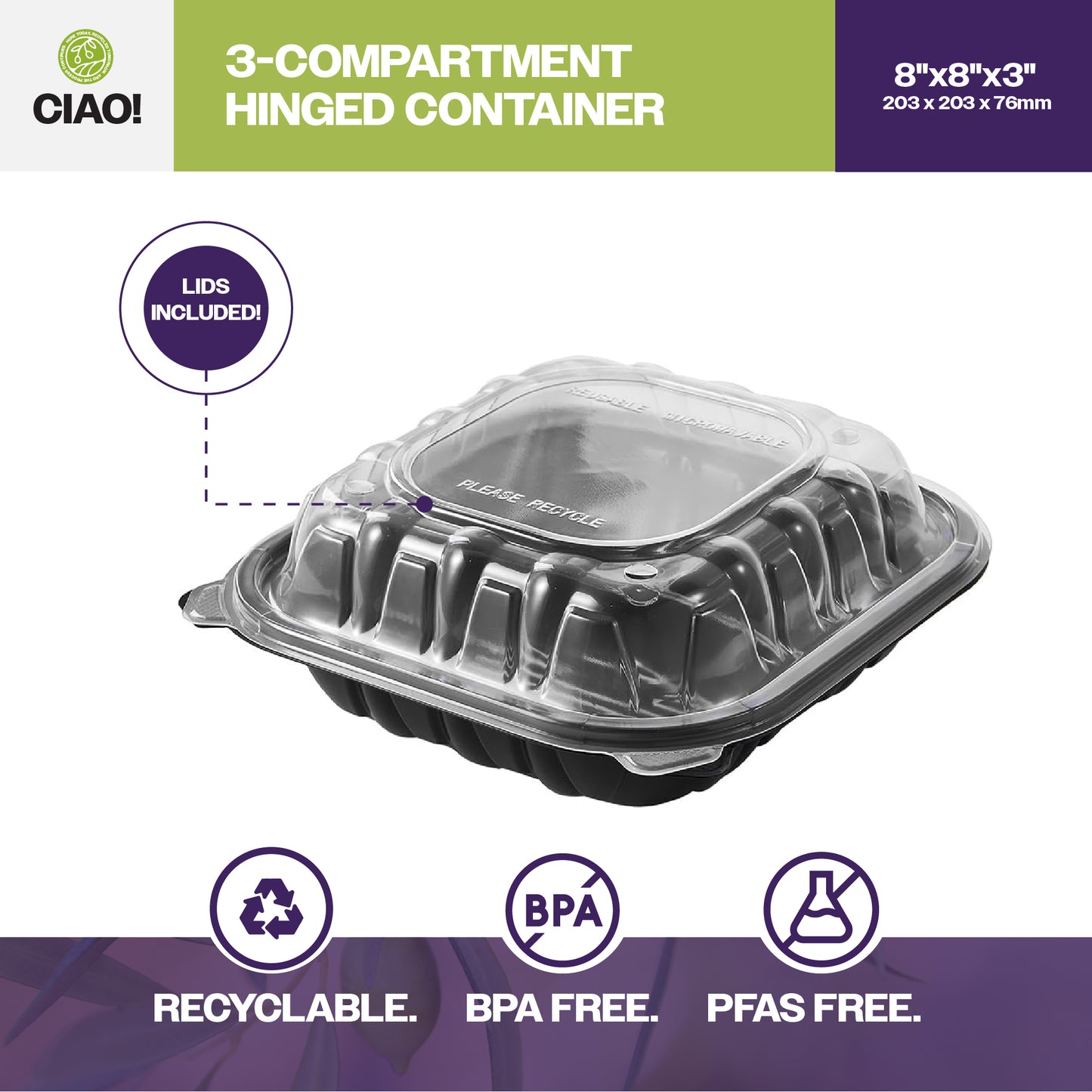 CIAO! 8"x8"x3" Polypropylene Black bottom with Clear Lid Hinged Container 3 Compartment Take Out Container, Microwavable, Recyclable and Reusable, (Case of 150)