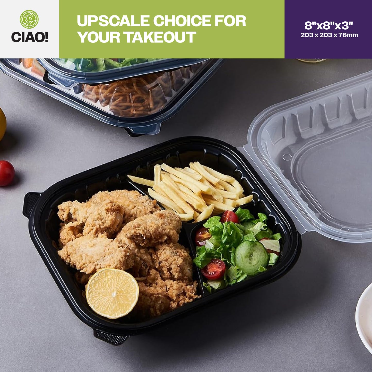 CIAO! 8"x8"x3" Polypropylene Black bottom with Clear Lid Hinged Container 3 Compartment Take Out Container, Microwavable, Recyclable and Reusable, (Case of 150)