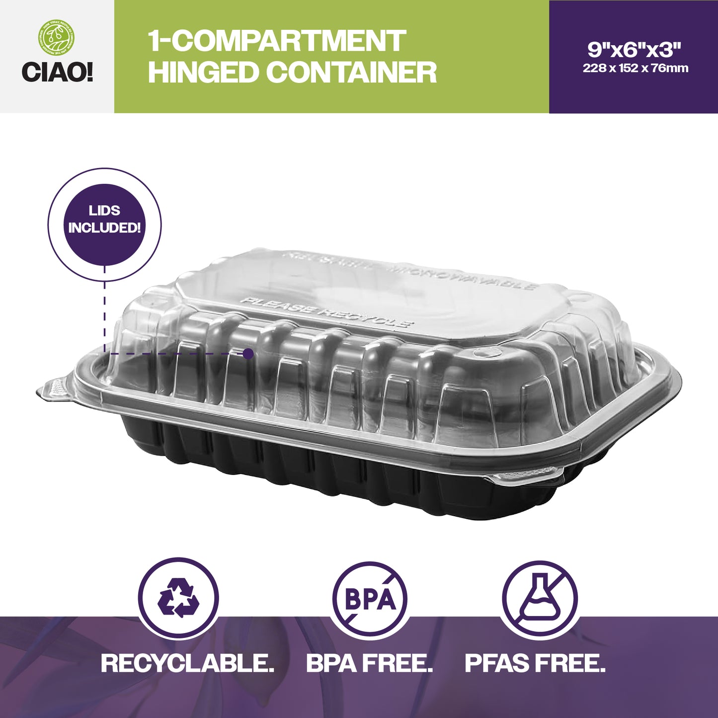 CIAO! 9"x6"x3" Polypropylene Black bottom with Clear Lid Hinged Container 1 Compartment Take Out Container, Microwavable, Recyclable and Reusable, (Case of 150)