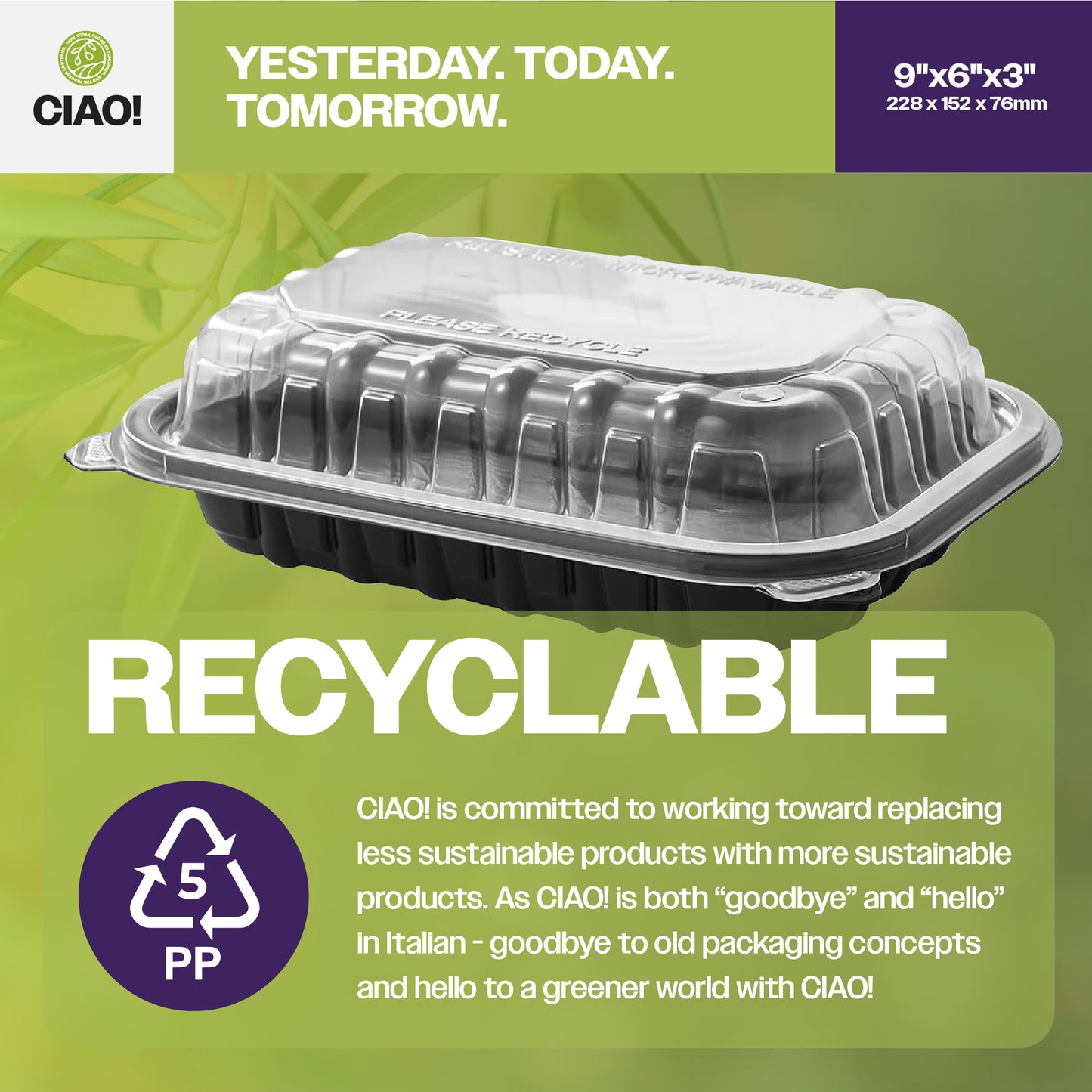 CIAO! 9"x6"x3" Polypropylene Black bottom with Clear Lid Hinged Container 1 Compartment Take Out Container, Microwavable, Recyclable and Reusable, (Case of 150)