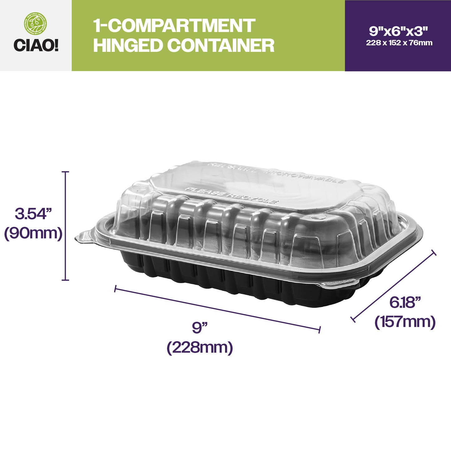 CIAO! 9"x6"x3" Polypropylene Black bottom with Clear Lid Hinged Container 1 Compartment Take Out Container, Microwavable, Recyclable and Reusable, (Case of 150)