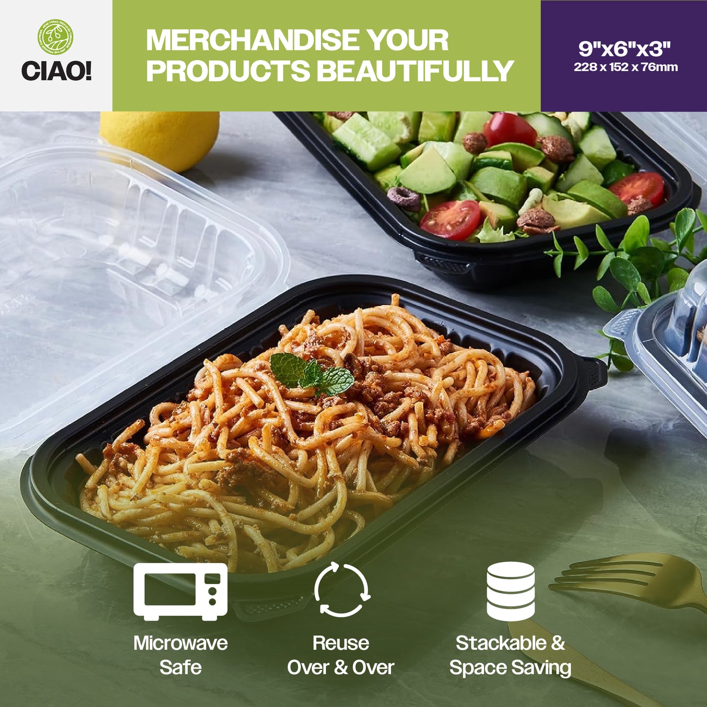 CIAO! 9"x6"x3" Polypropylene Black bottom with Clear Lid Hinged Container 1 Compartment Take Out Container, Microwavable, Recyclable and Reusable, (Case of 150)